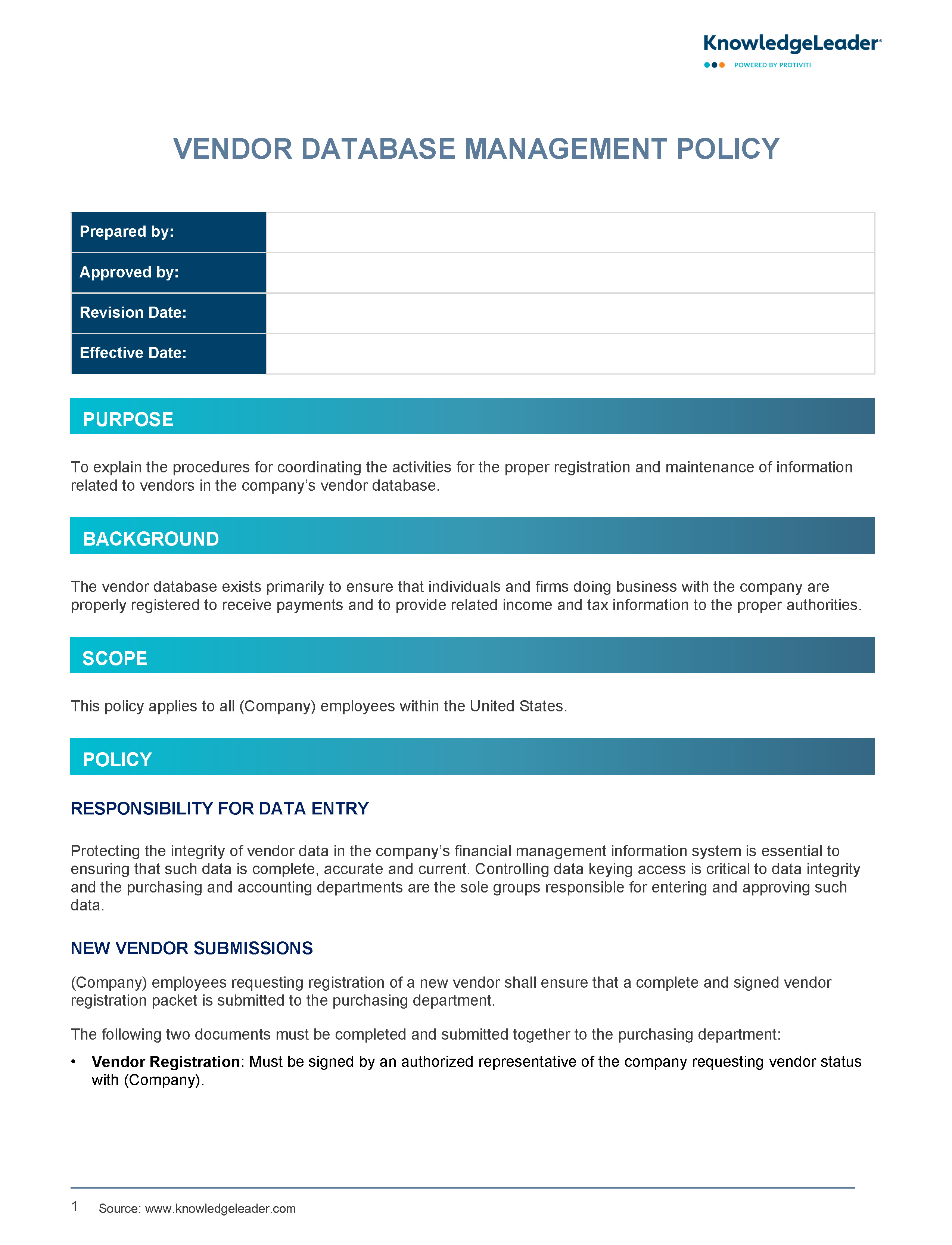 Screenshot of the first page of Vendor Database Management Policy