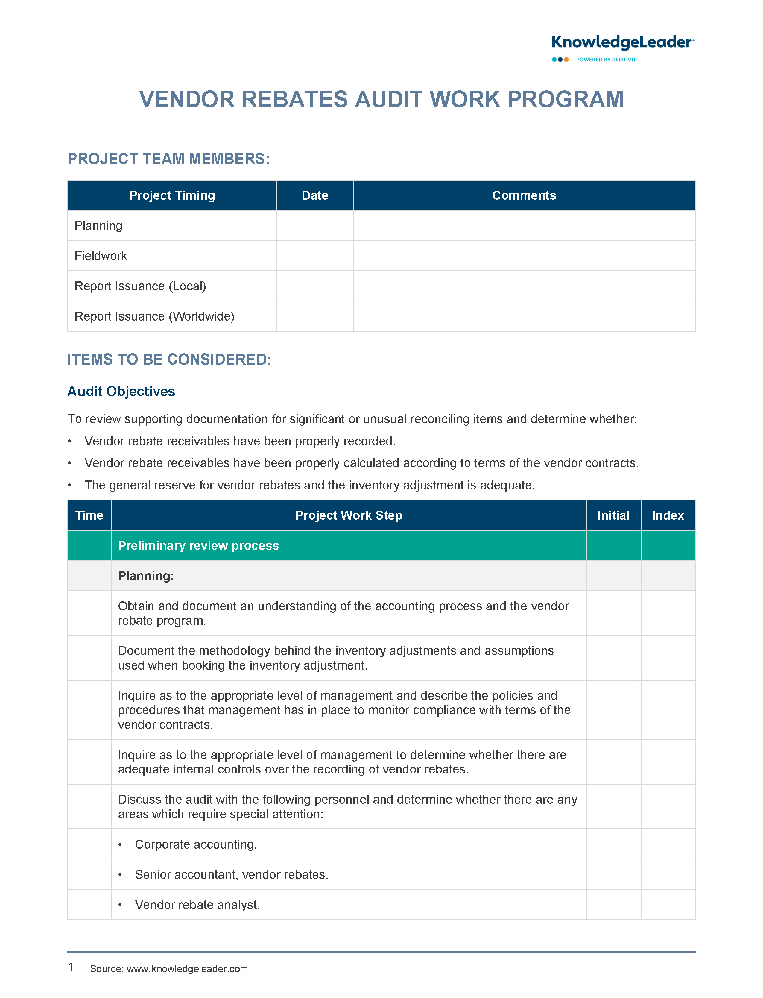 Screenshot of the first page of Vendor Rebates Work Program