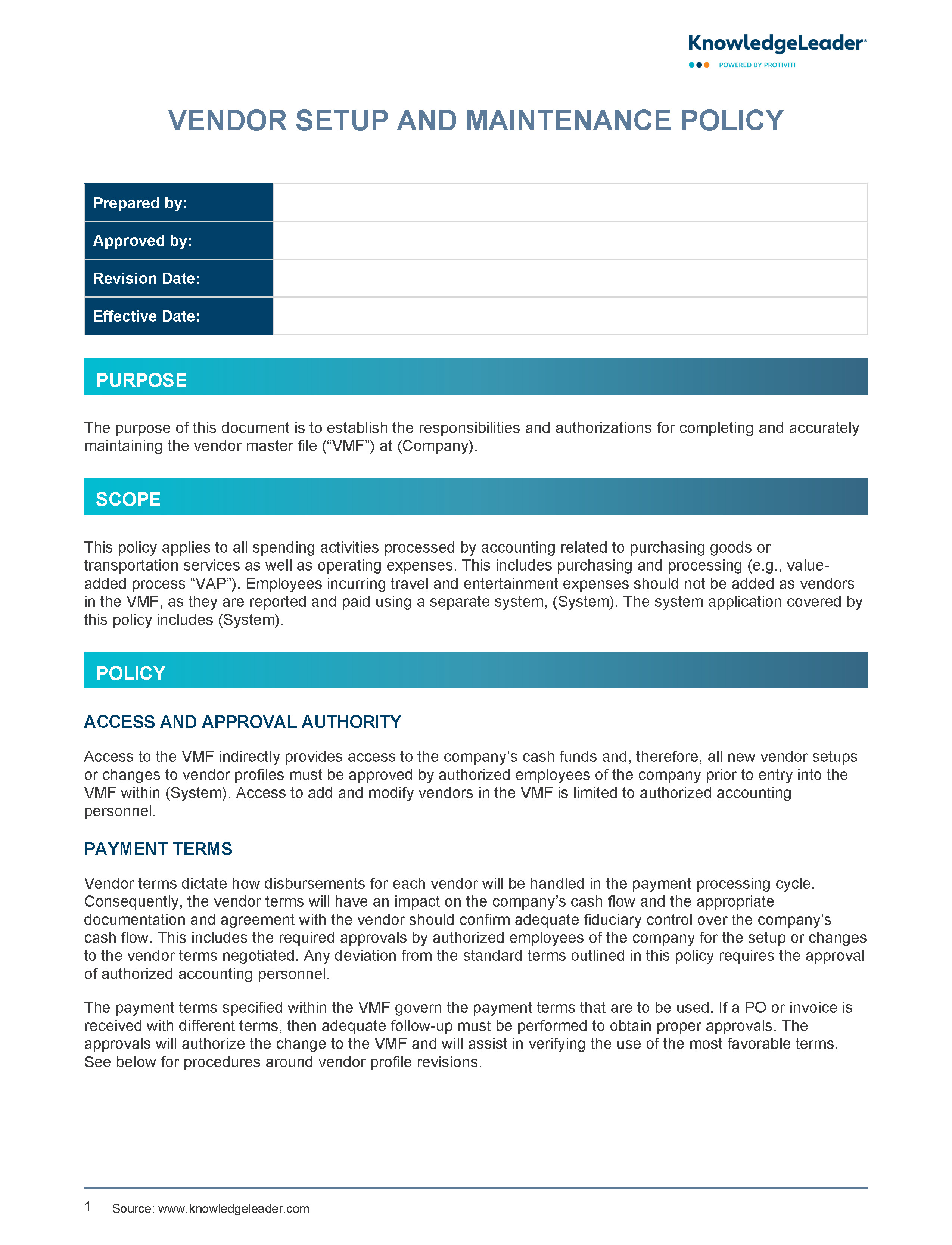Screenshot of the first page of Vendor Setup and Maintenance Policy