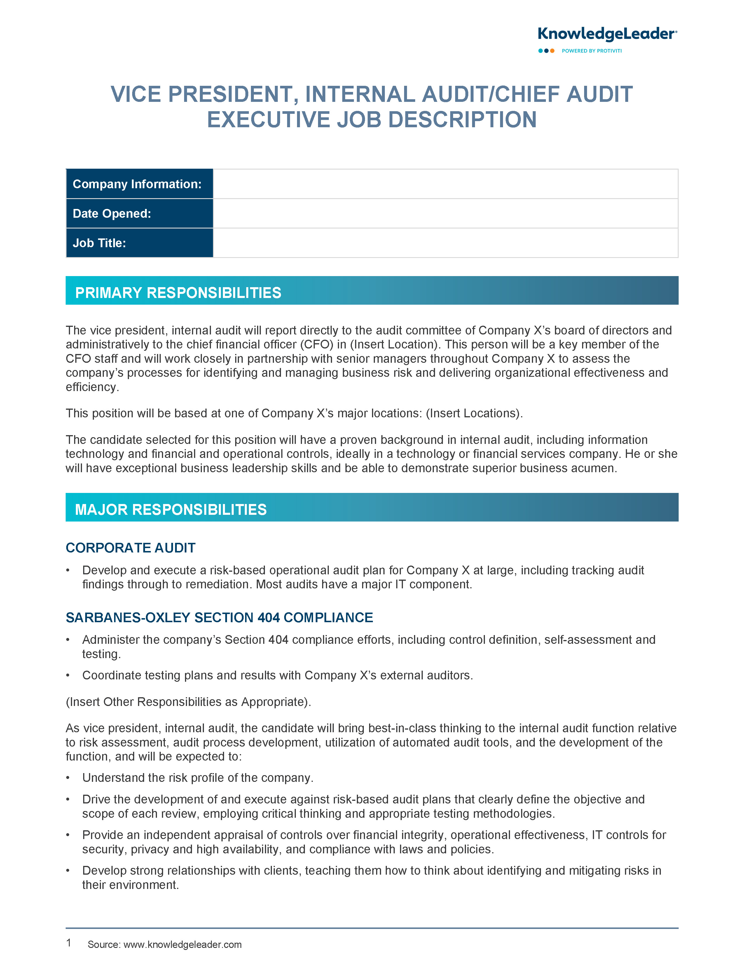 Screenshot of the first page of Vice President Internal Audit Chief Audit Executive Job Description