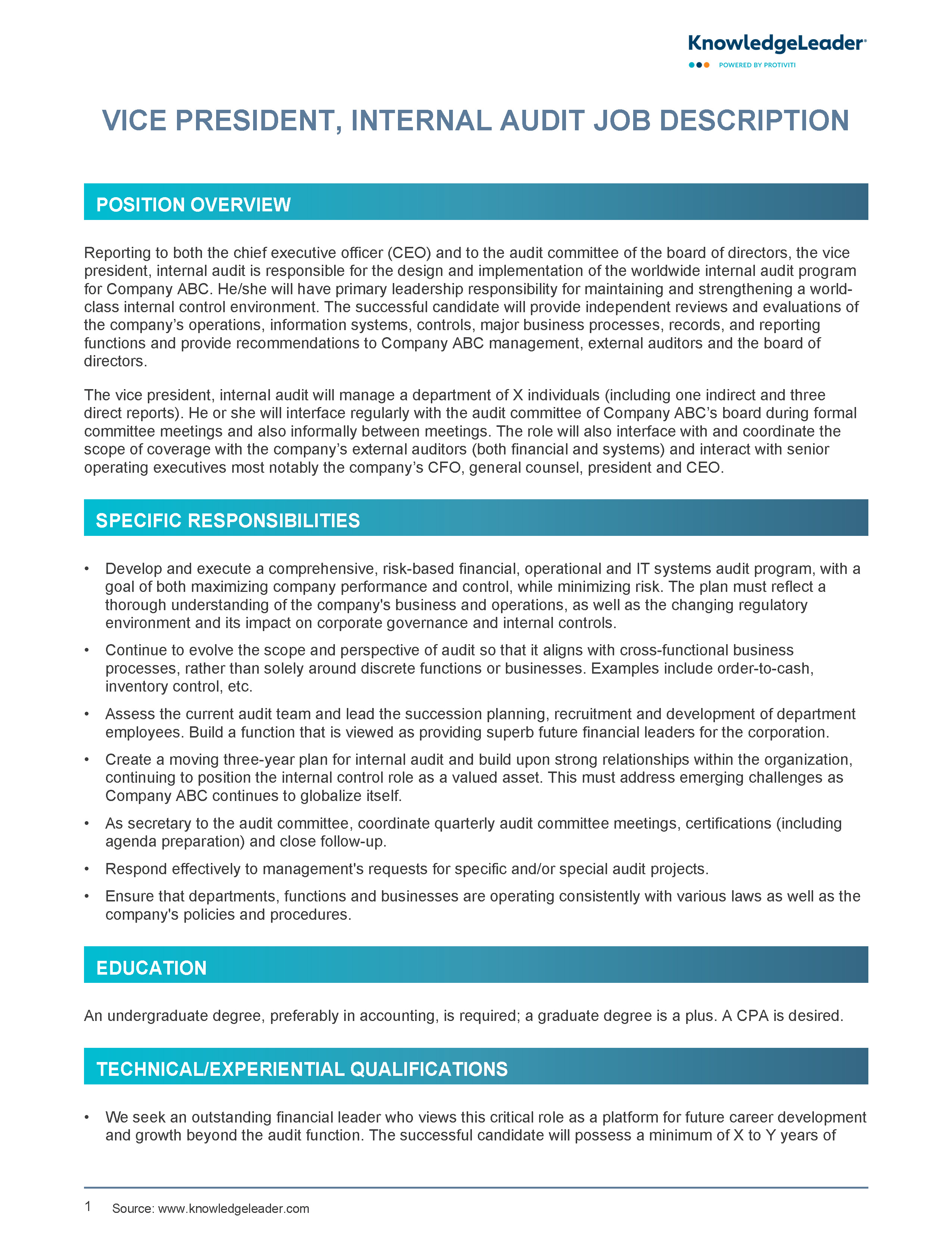 Screenshot of the first page of Vice President Internal Audit Job Description