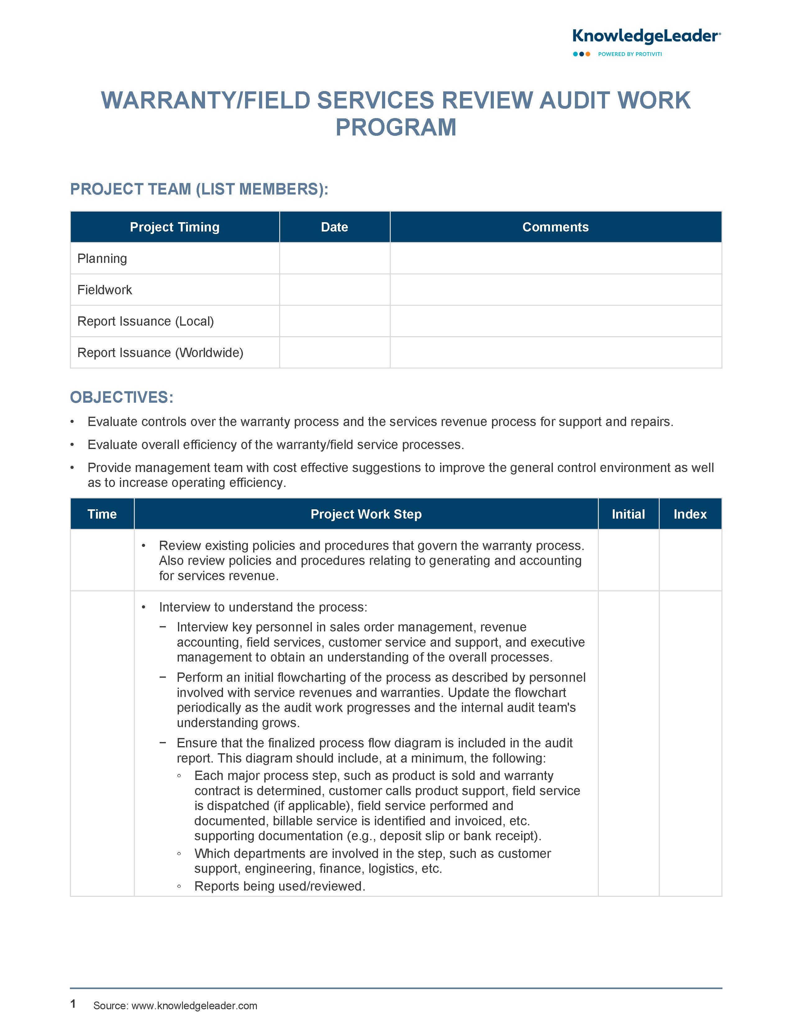 screenshot of the first page of Warranty/Field Services Review Audit Work Program