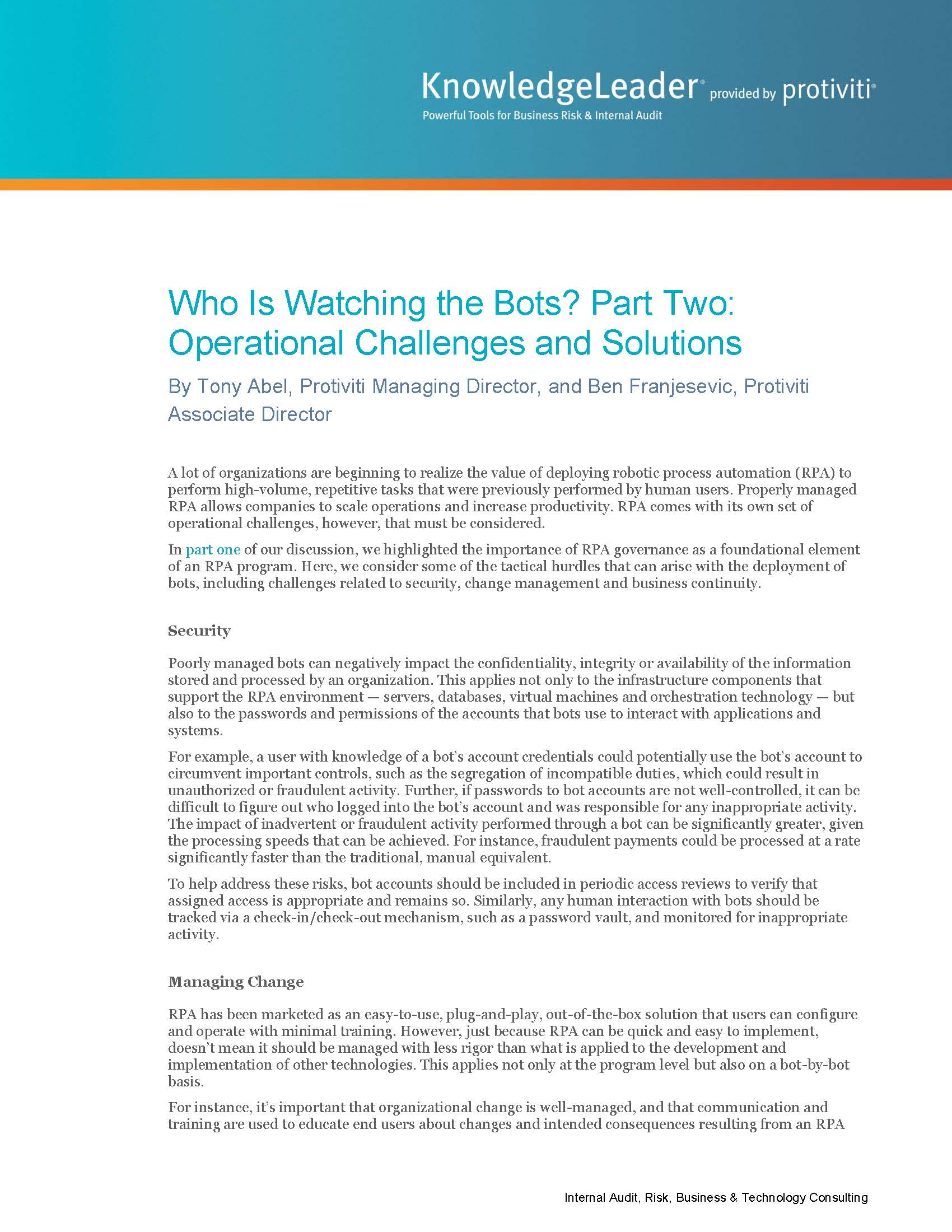 Screenshot of the first page of Who Is Watching the Bots? Part Two: Operational Challenges and Solutions