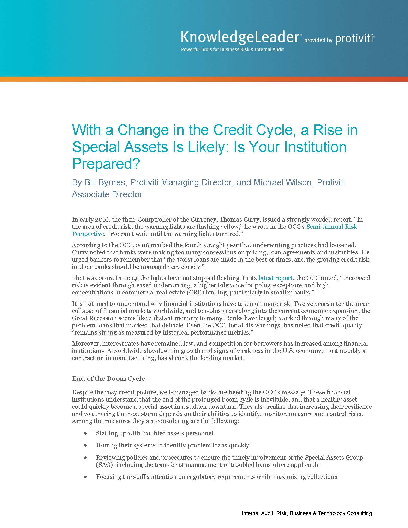 Screenshot of the first page of With a Change in the Credit Cycle, a Rise in Special Assets Is Likely: Is Your Institution Prepared?
