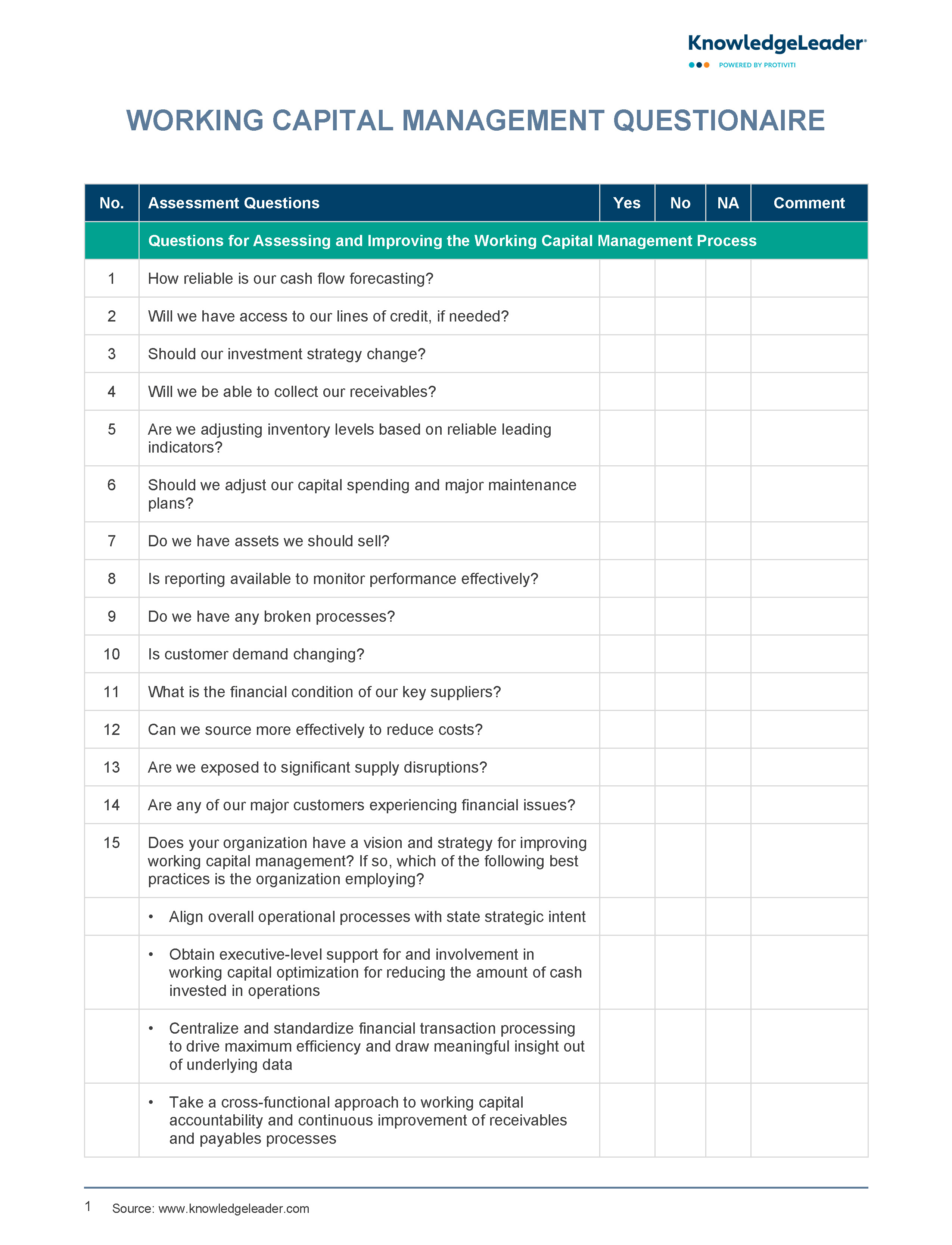Screenshot of the first page of Working Capital Management Questionnaire