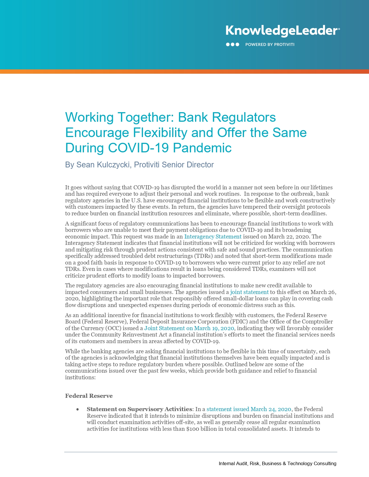 Working Together: Bank Regulators Encourage Flexibility and Offer the Same During COVID-19 Pandemic