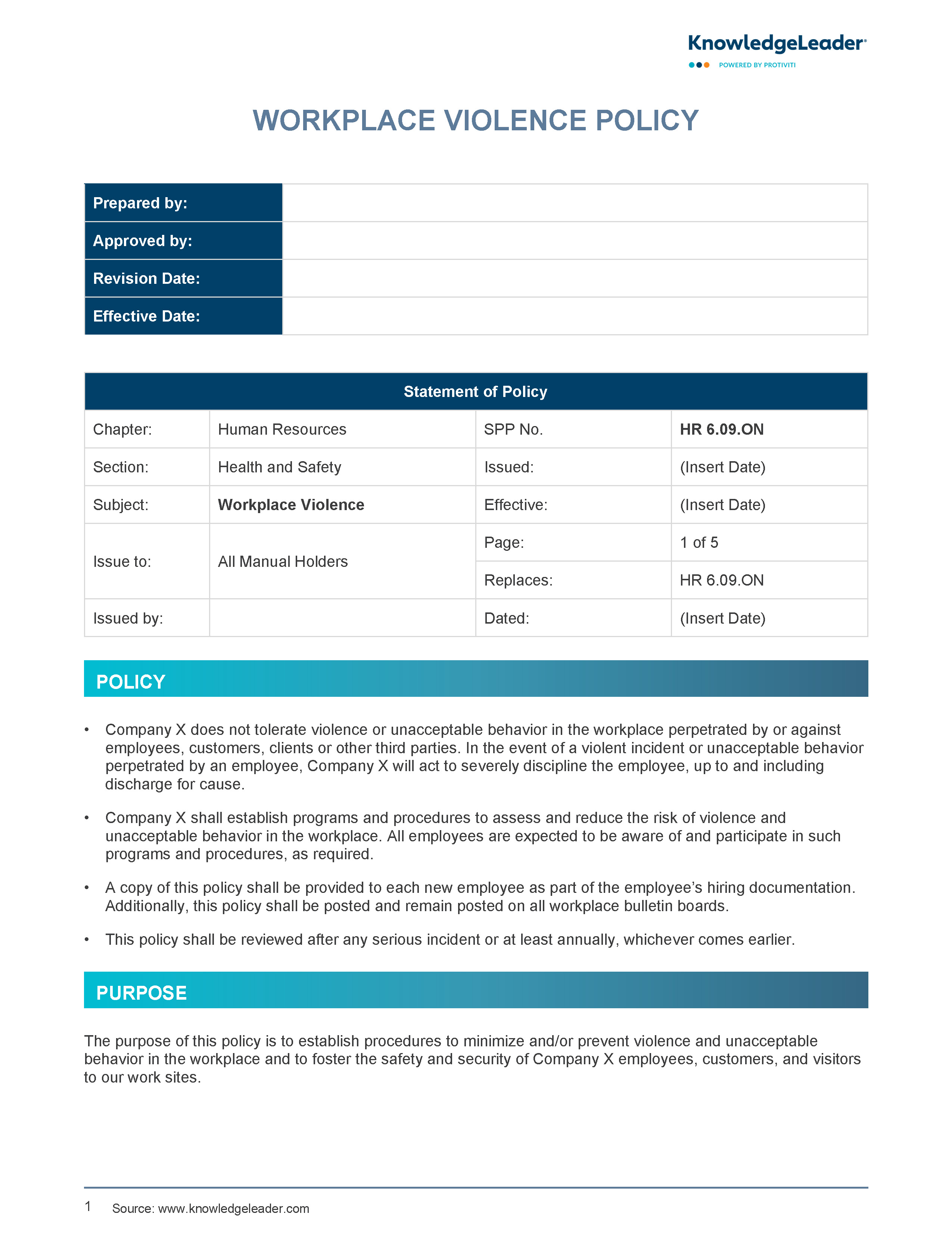 Screenshot of the first page of Workplace Violence Policy