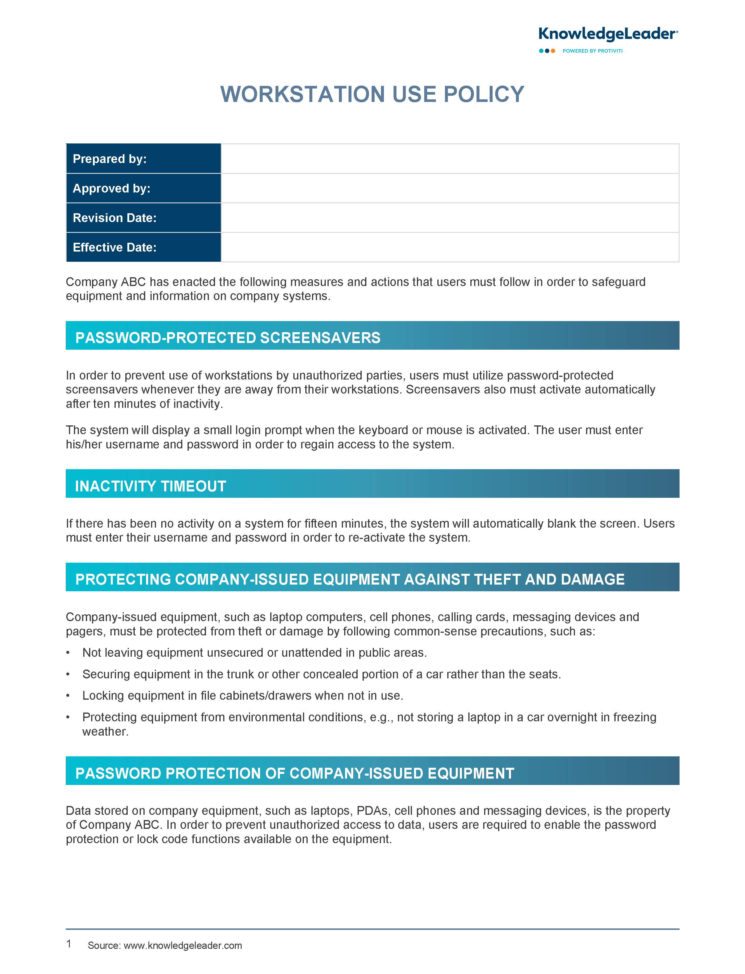 Screenshot of the first page of Workstation Use Policy