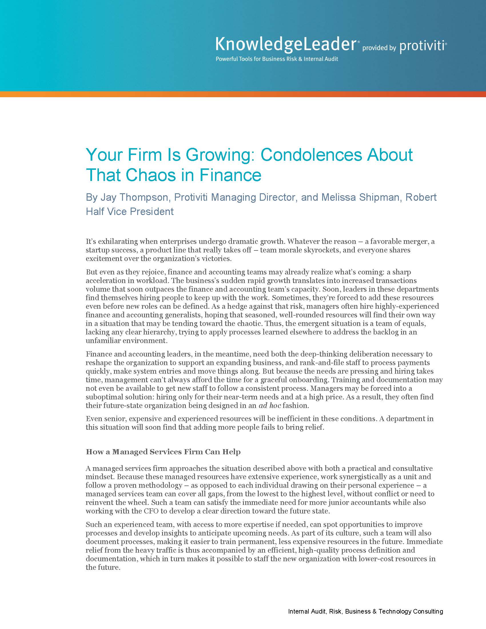 Screenshot of the first page of Your Firm Is Growing: Condolences About That Chaos in Finance