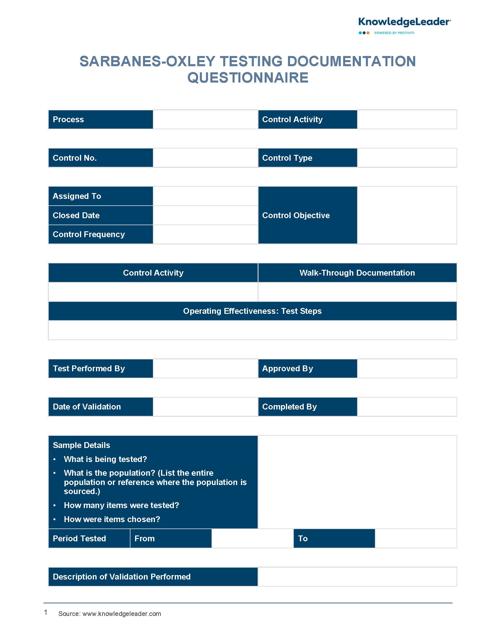 Screenshot of the first page of Sarbanes-Oxley Testing Documentation Questionnaire