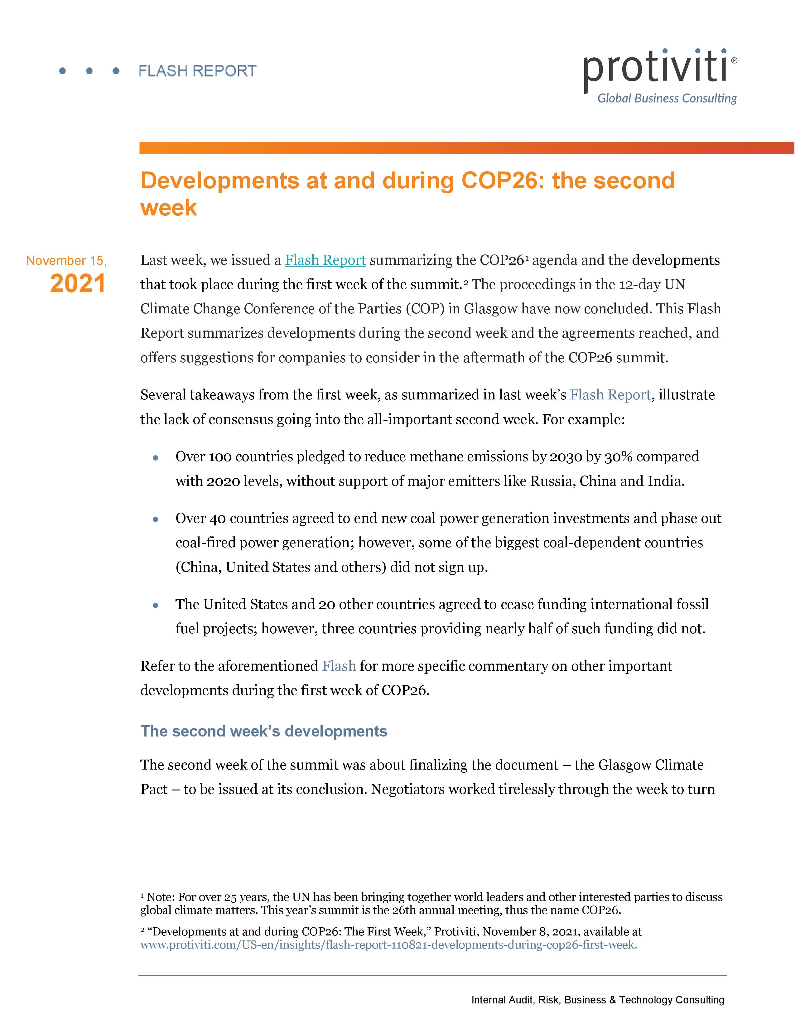 Screenshot of the first page of protiviti-flash-report-cop26-developments-second-week-111521-page-001