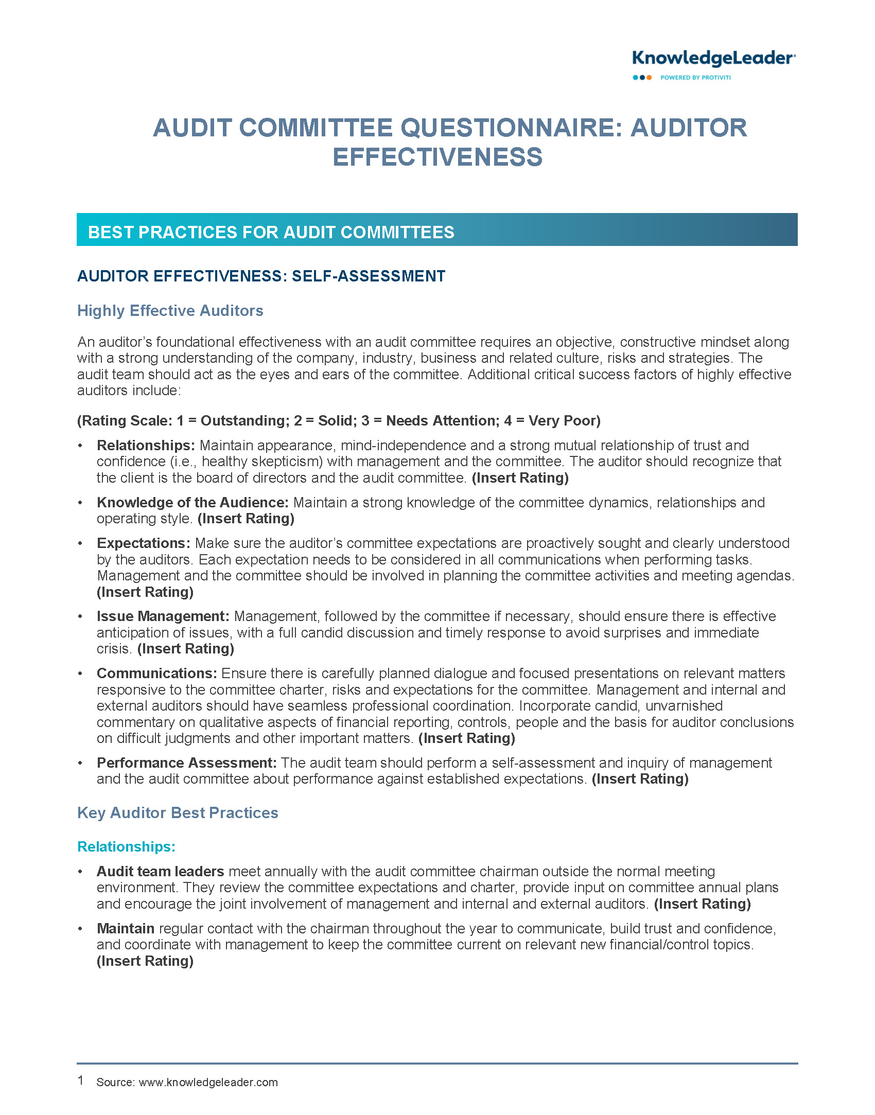 Audit Committee Questionnaire - Auditor Effectiveness