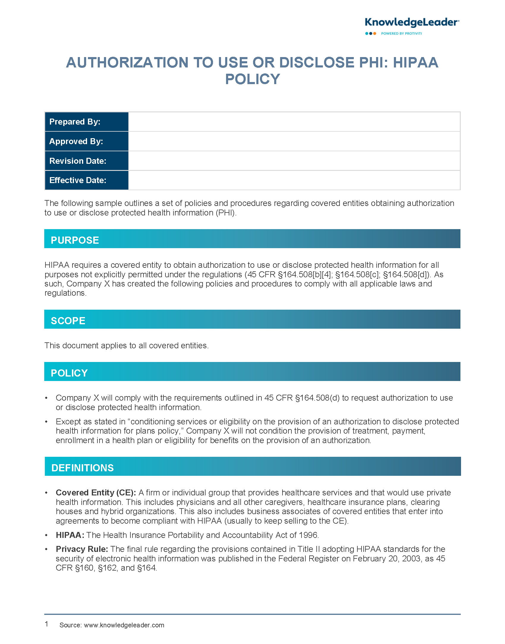 Authorization to Use or Disclose PHI HIPAA Policy