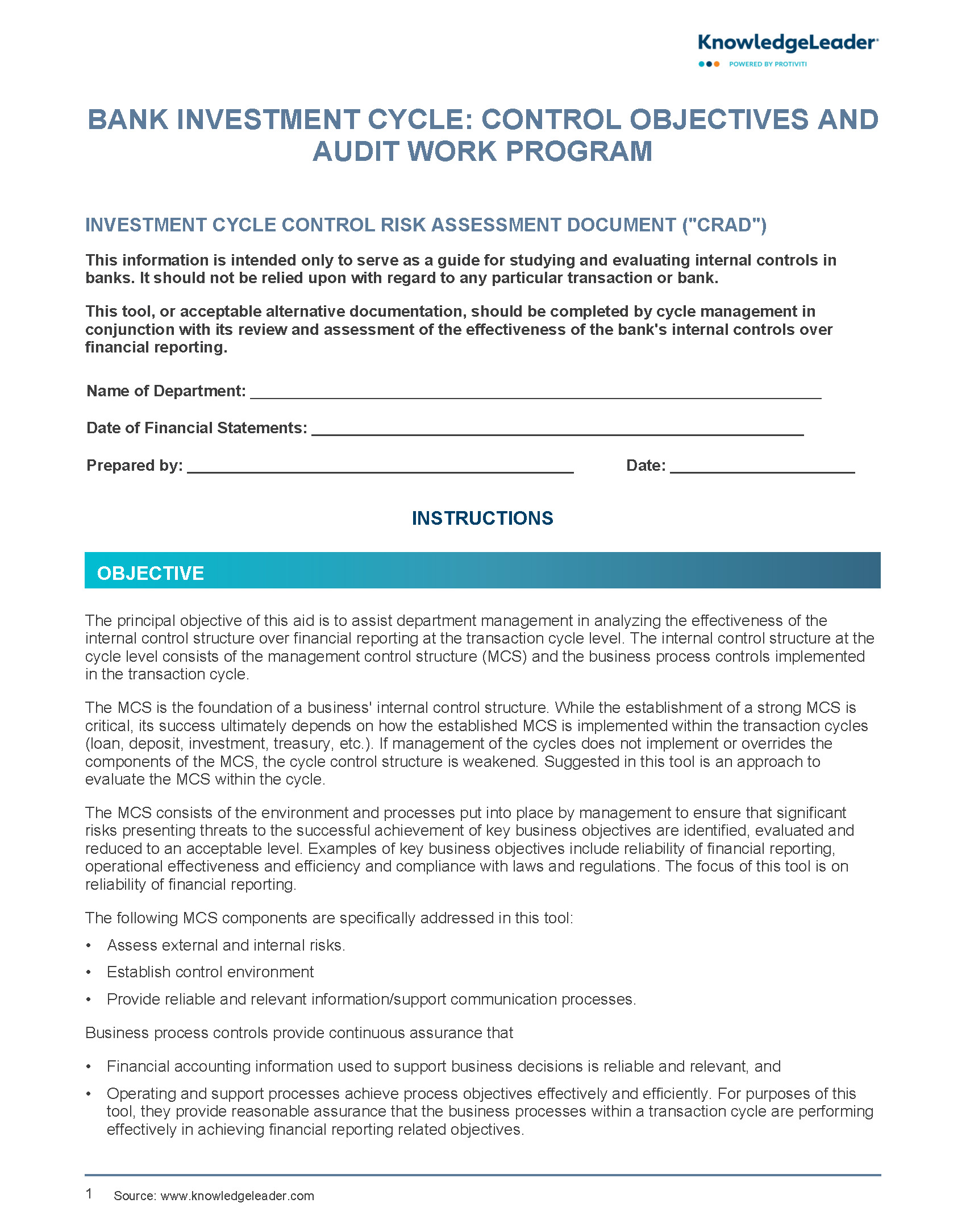 Bank Investment Cycle - Control Objectives and Audit Work Program