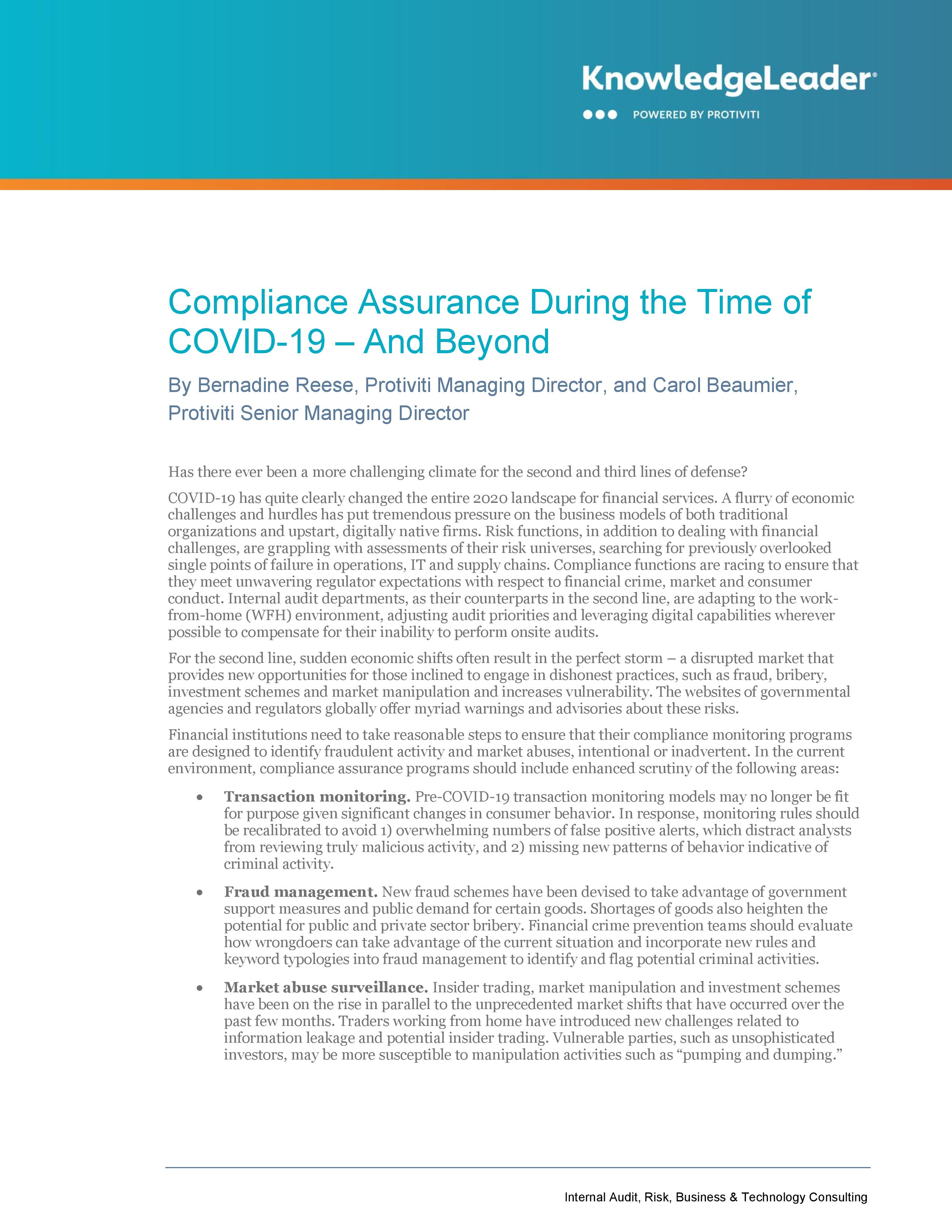 screenshot of the first page of Compliance Assurance During the Time of COVID-19 – And Beyond