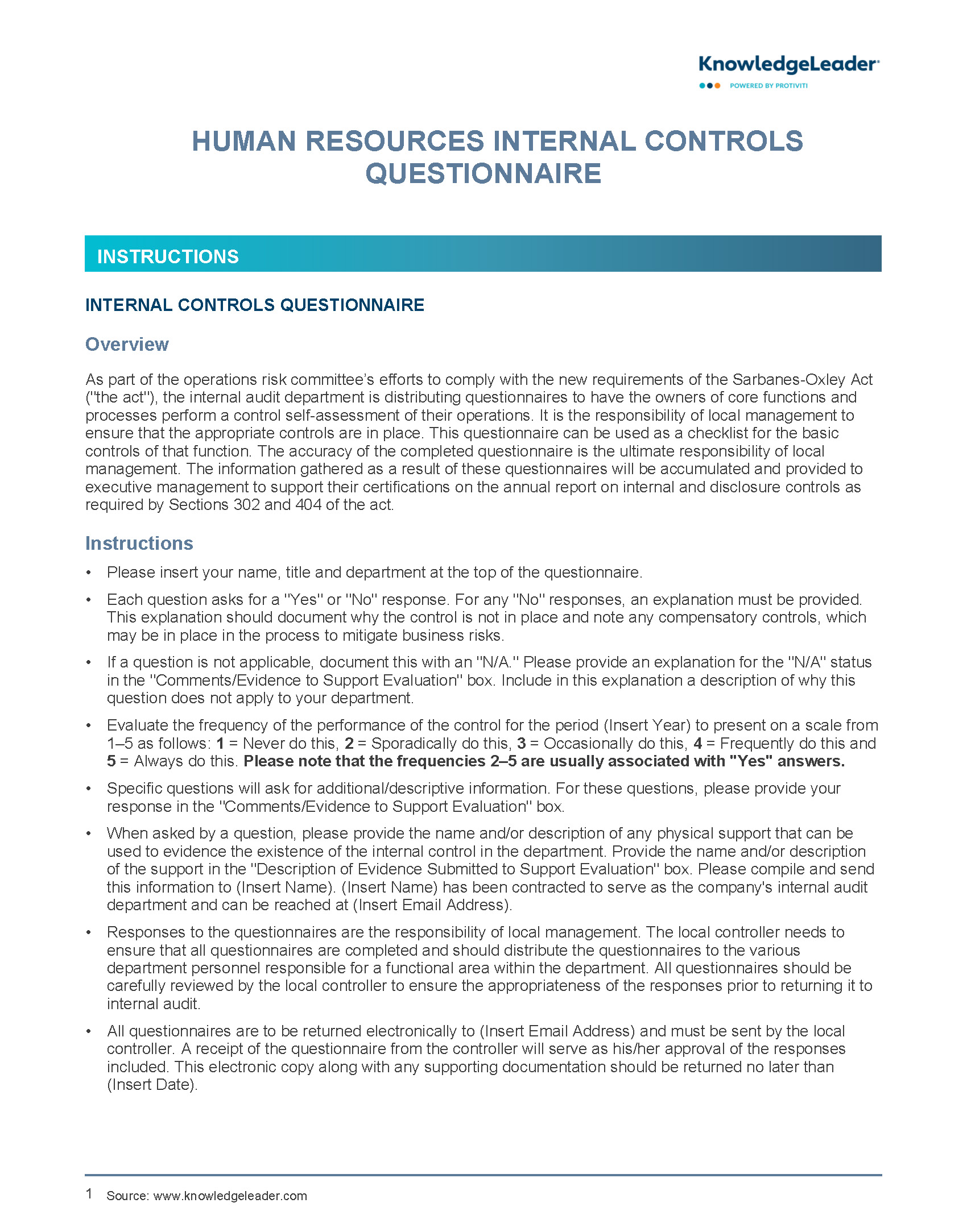 Human Resources Internal Controls Questionnaire