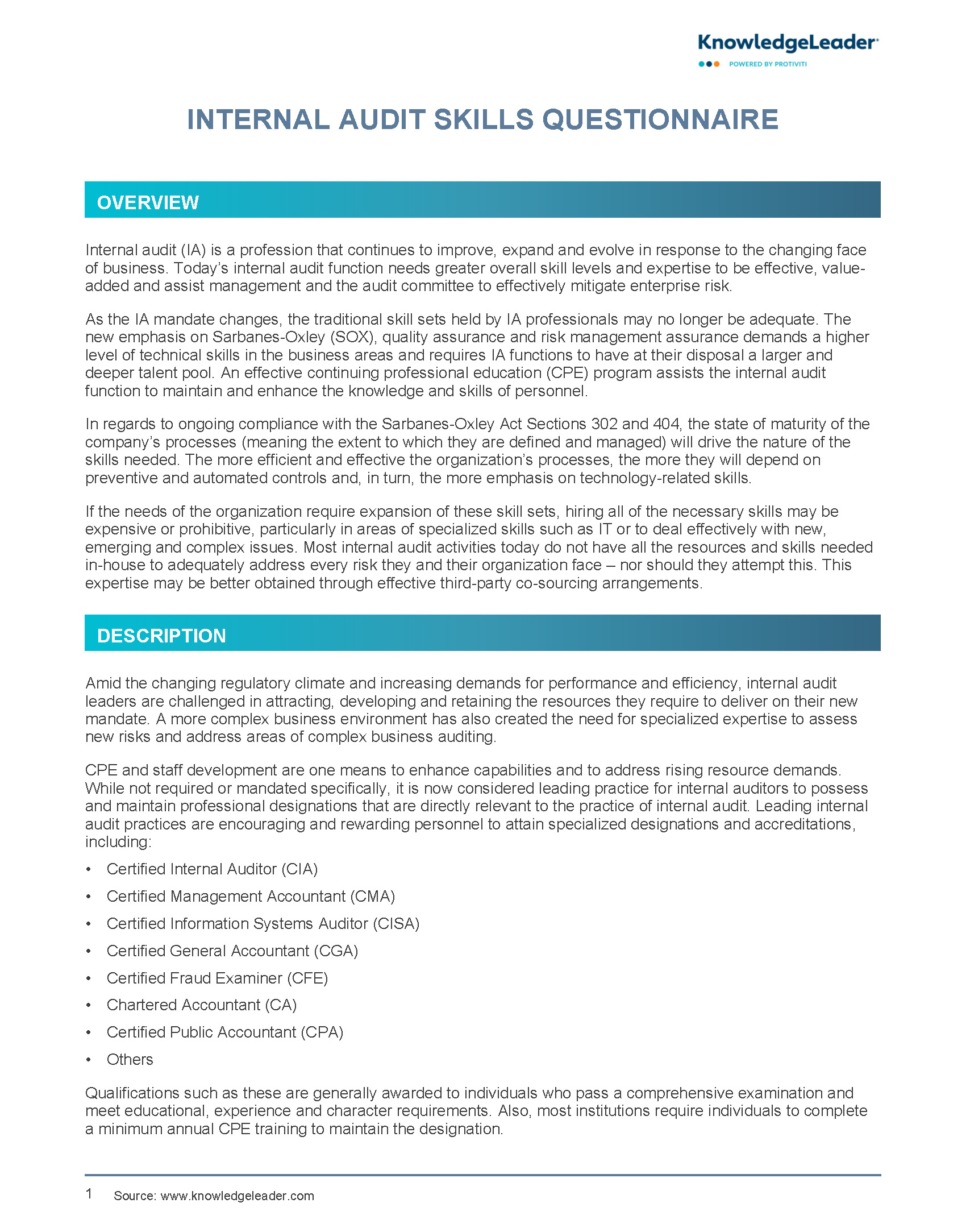 screenshot of the first page of the Internal Audit Skills Questionnaire