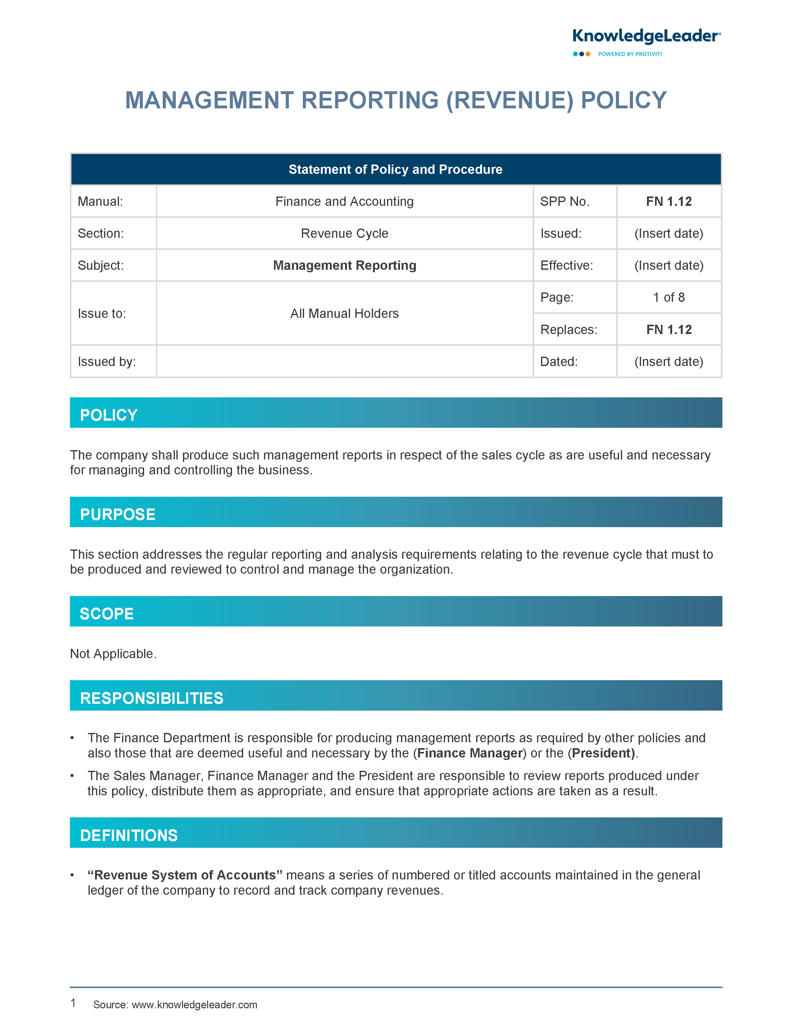 screenshot of the first page of the Management Reporting (Revenue) Policy