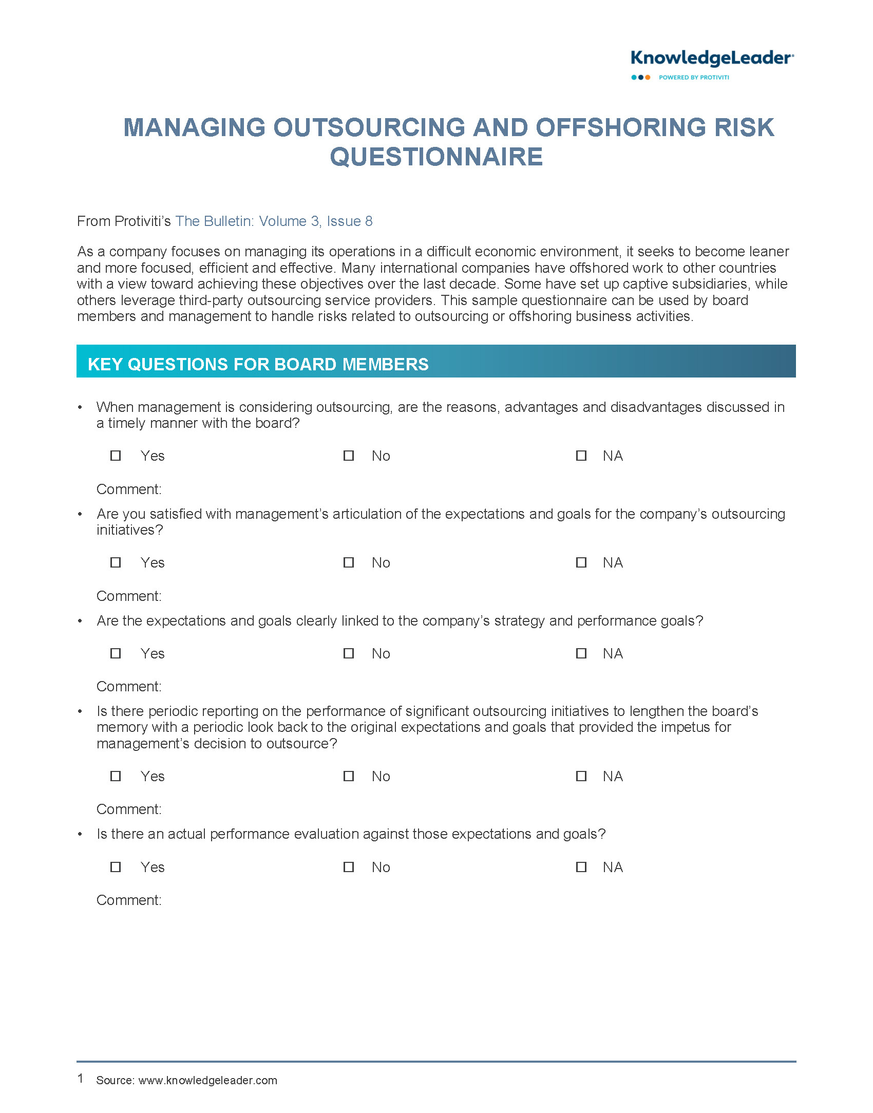 Managing Outsourcing and Offshoring Risk Questionnaire