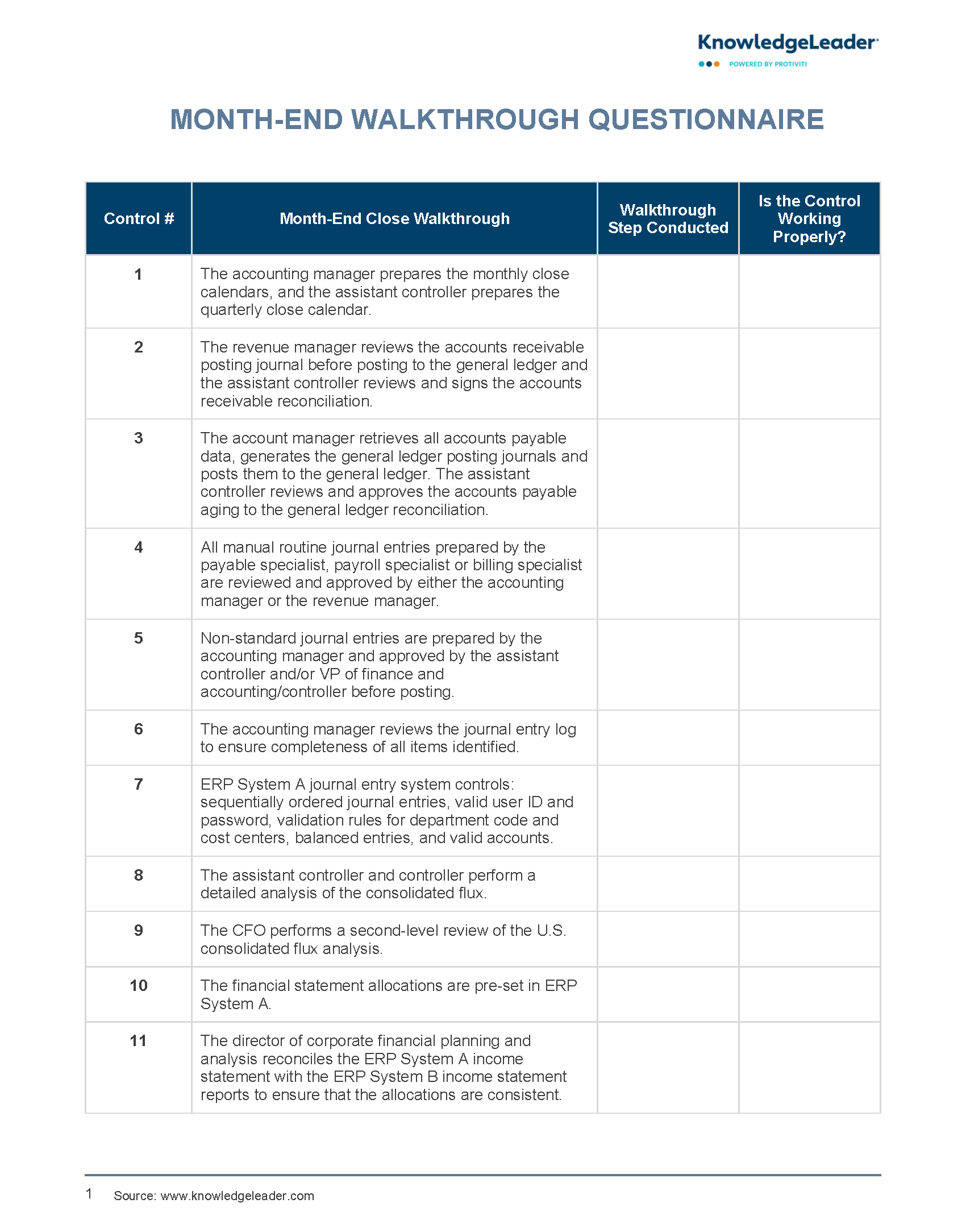 Month-End Walkthrough Diagnostic Questionnaire