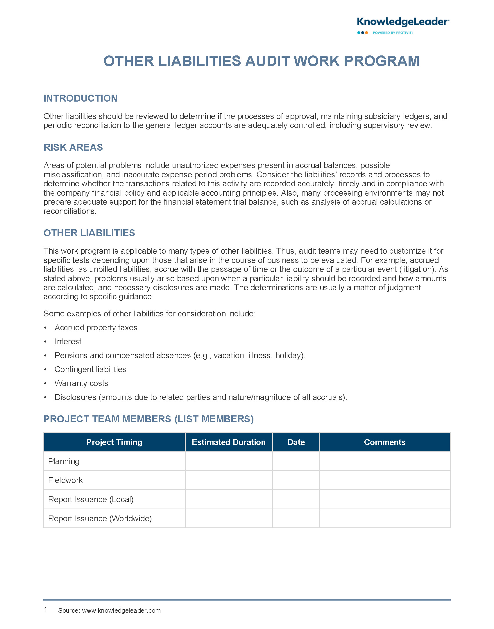 Other Liabilities Work Program