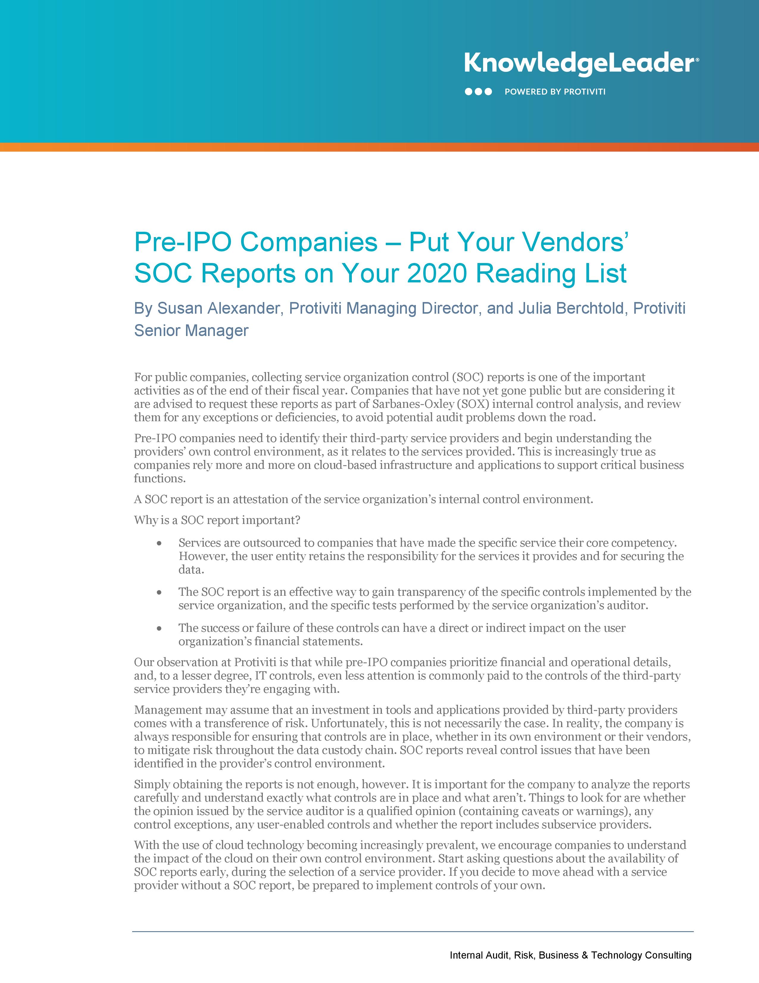 screenshot of the first page of Pre-IPO Companies – Put Your Vendors’ SOC Reports on Your 2020 Reading List