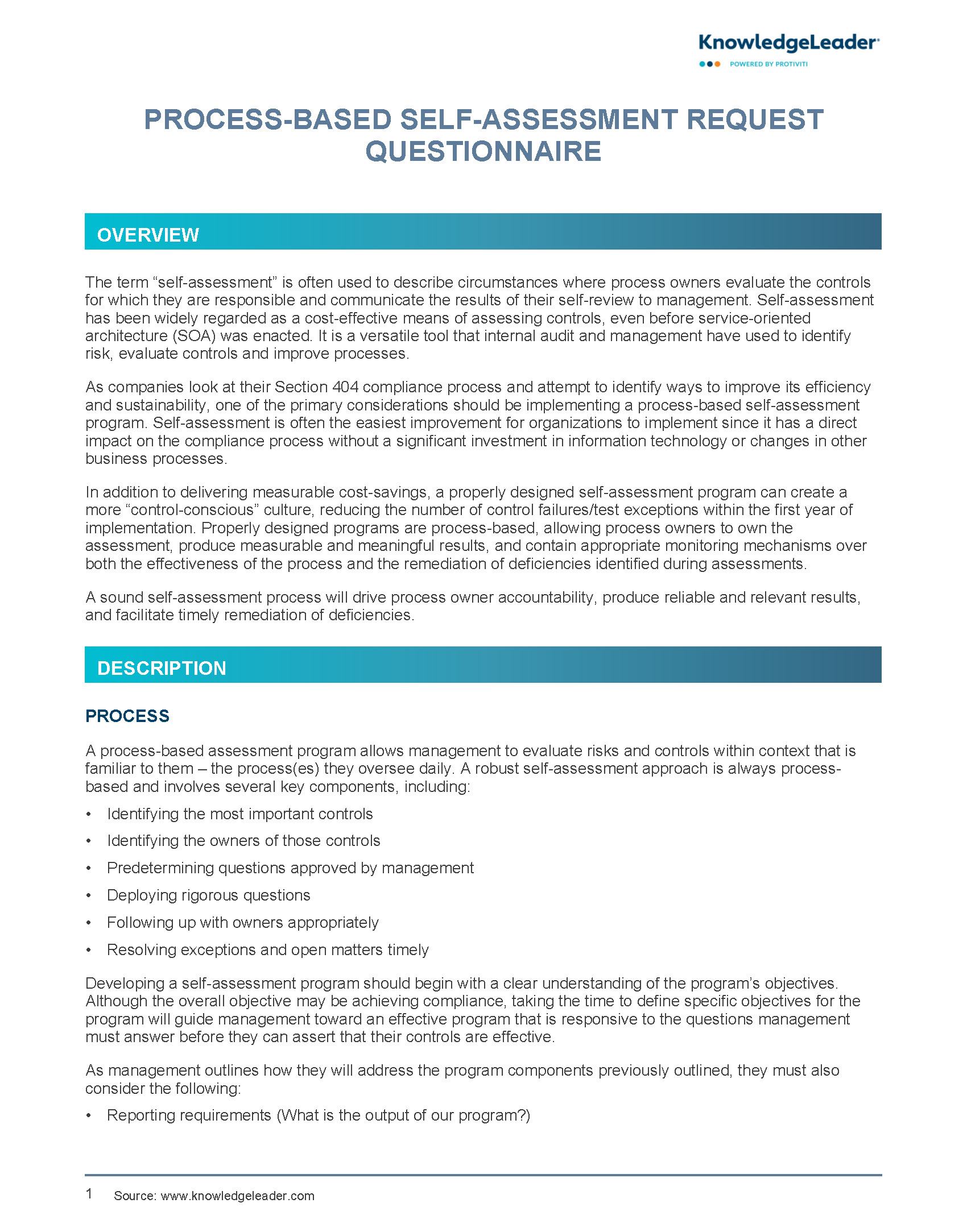 Process-Based Self-Assessment Request Questionnaire