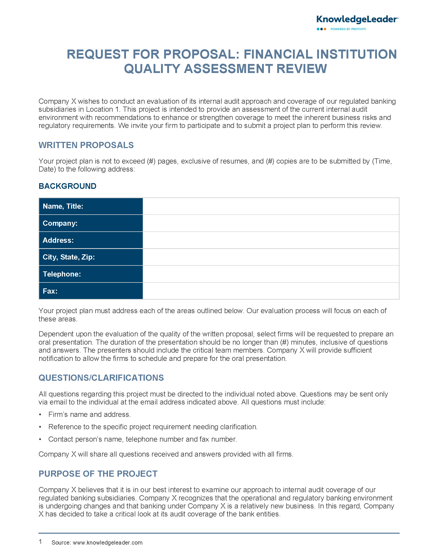 Request for Proposal Financial Institution Quality Assessment Review