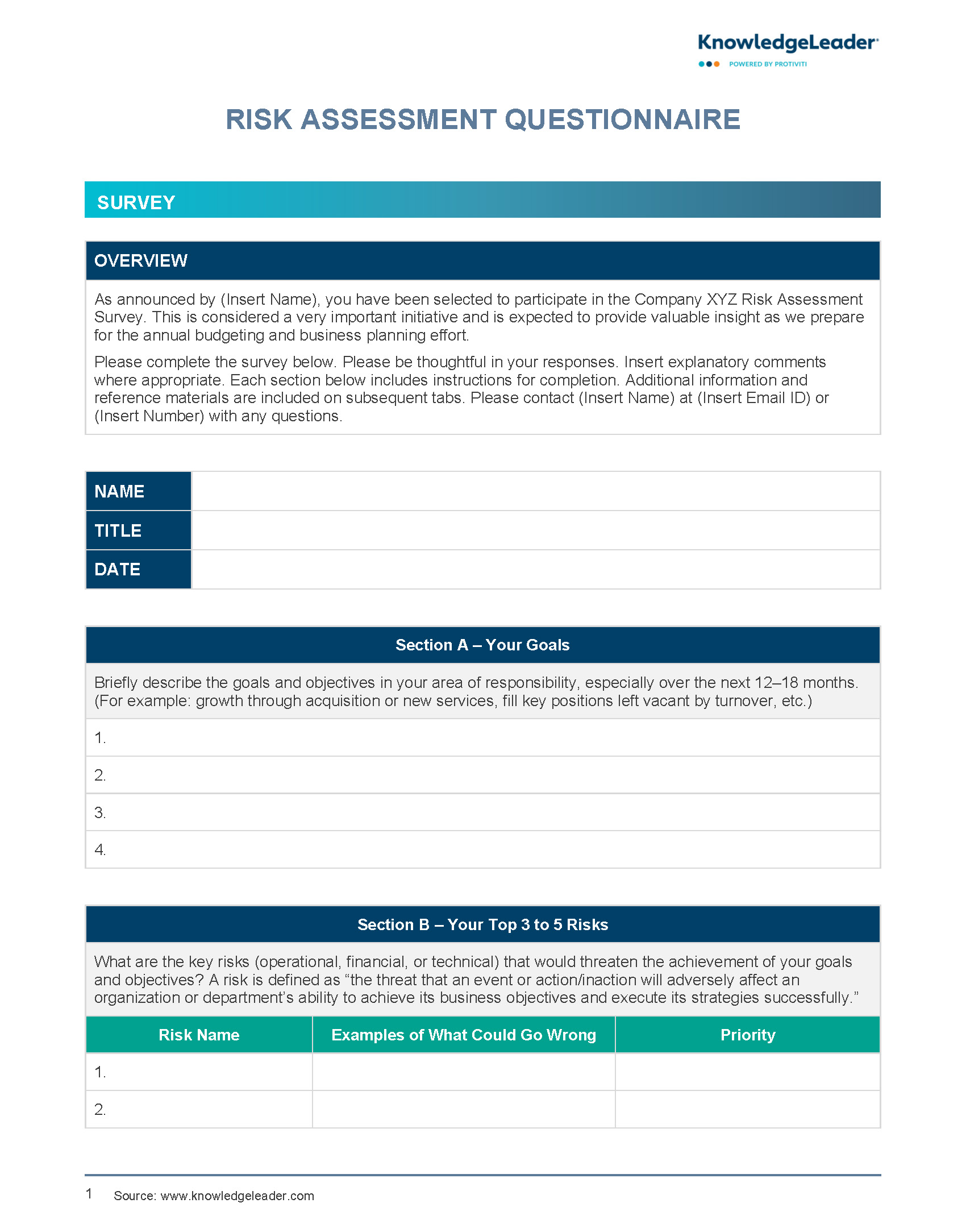 Screenshot of the first page of Risk Assessment Questionnaire