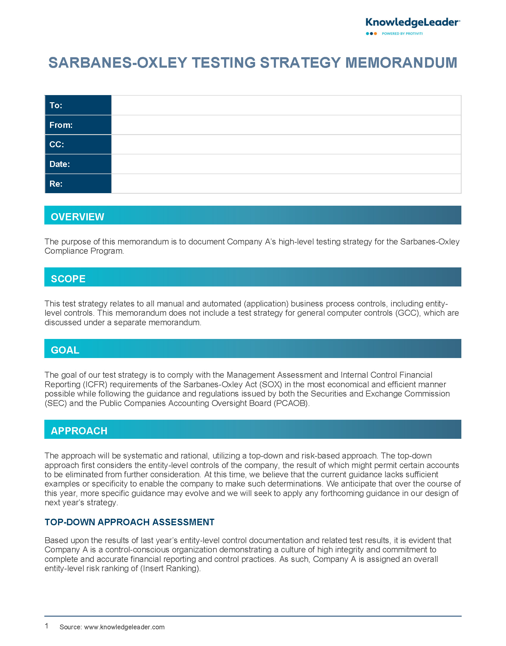 Sarbanes-Oxley Testing Strategy Memo