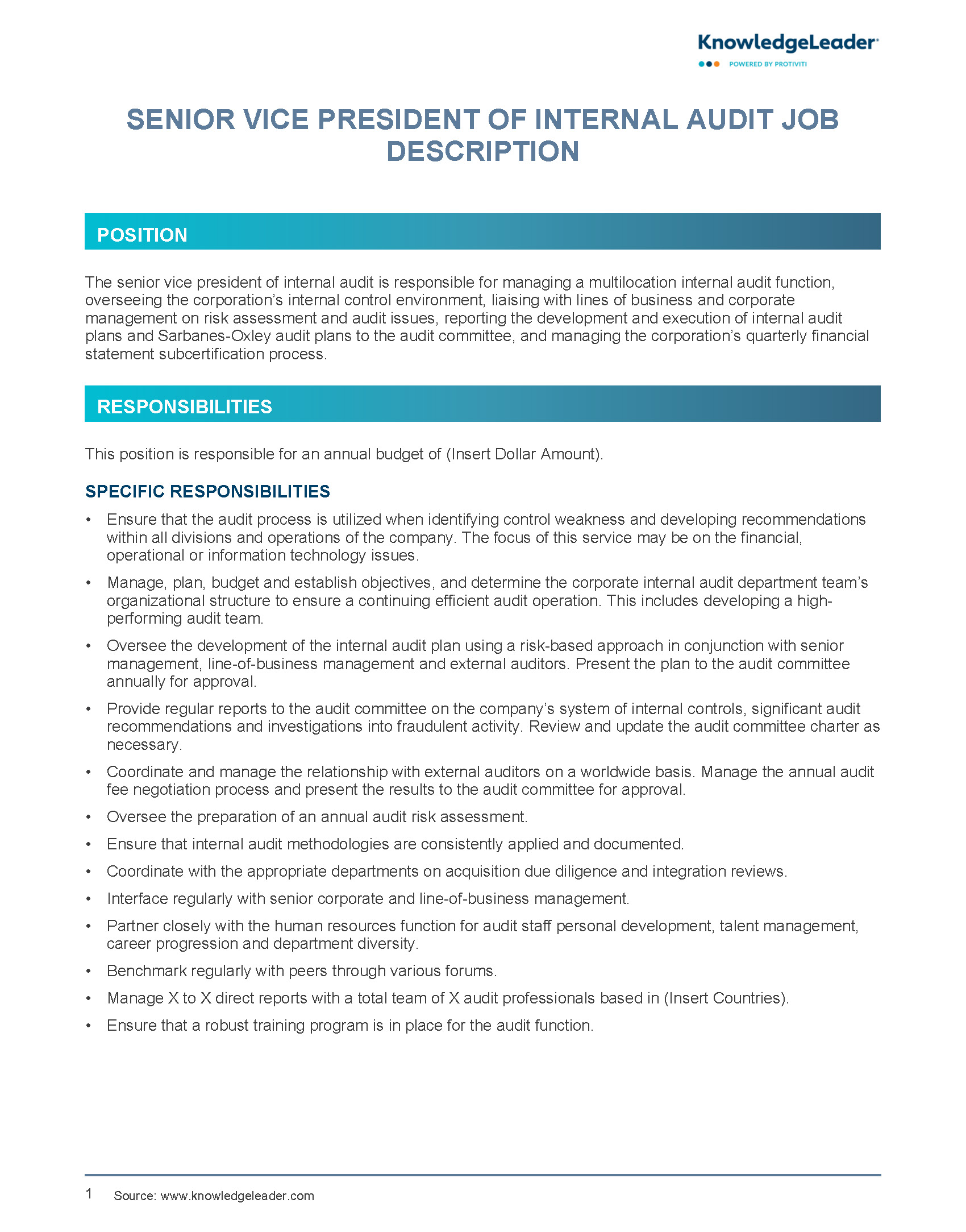 Senior Vice President of Internal Audit Job Description