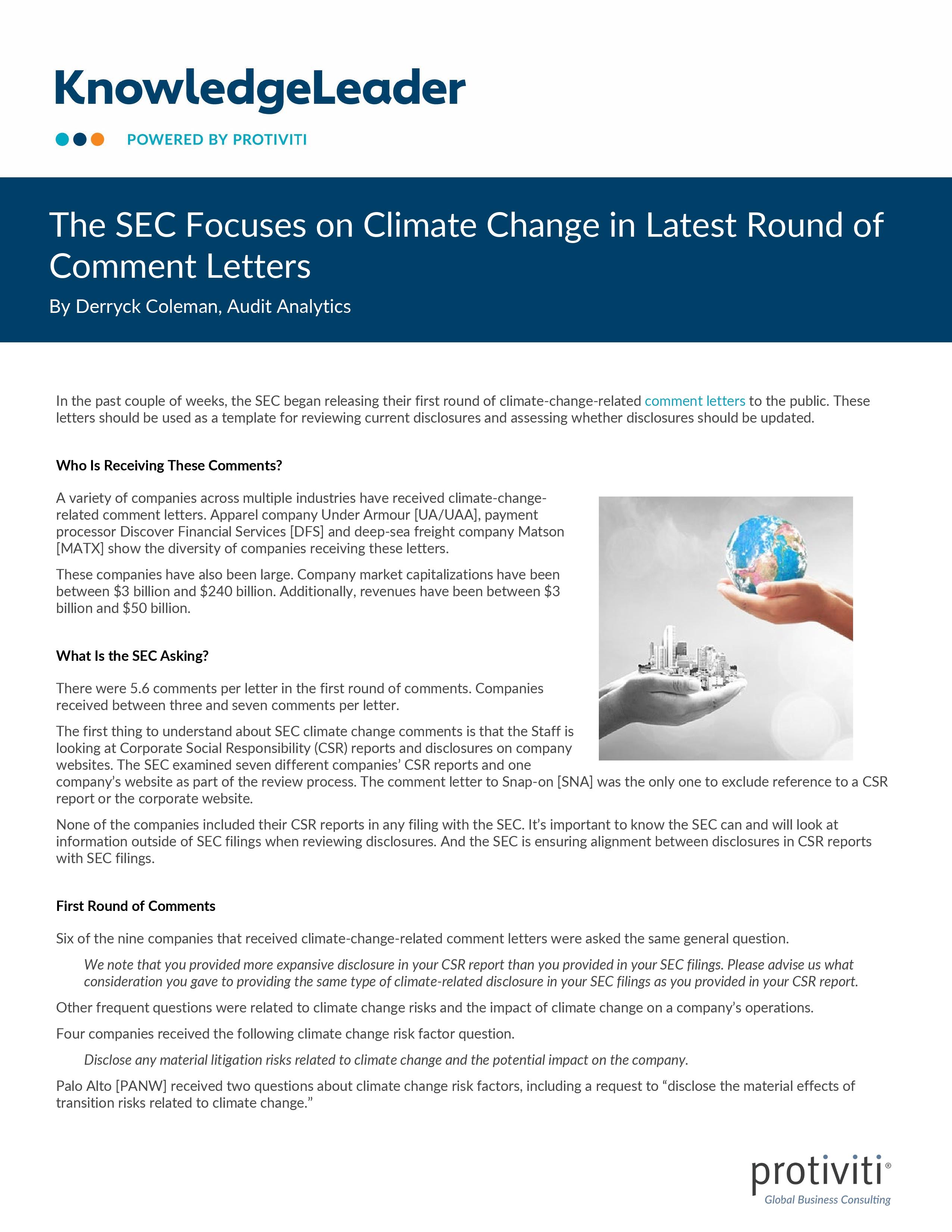 screenshot of the first page of The SEC Focuses on Climate Change in Latest Round of Comment Letters