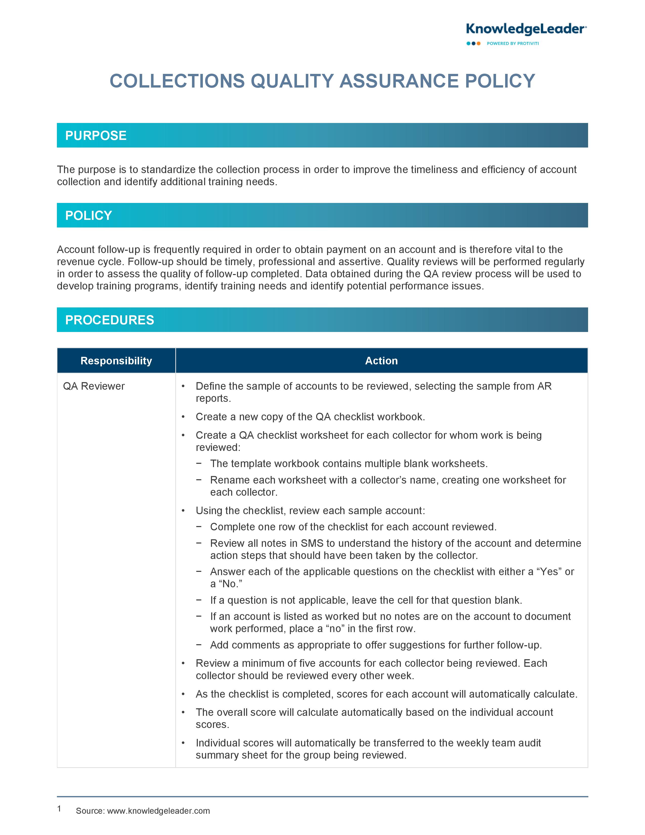 screenshot of the first page of Collections Quality Assurance Policy