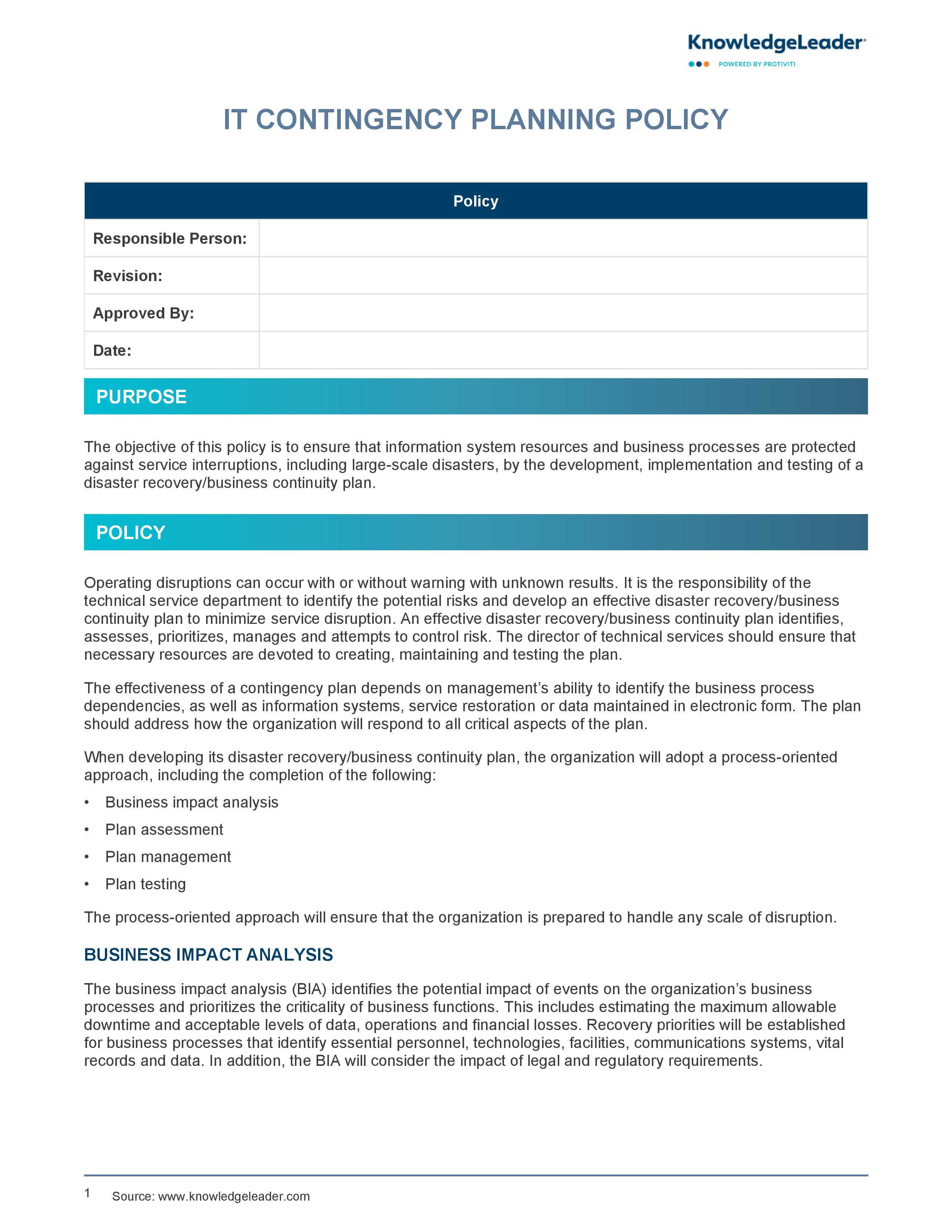 screenshot of the first page of IT Contingency Planning Policy