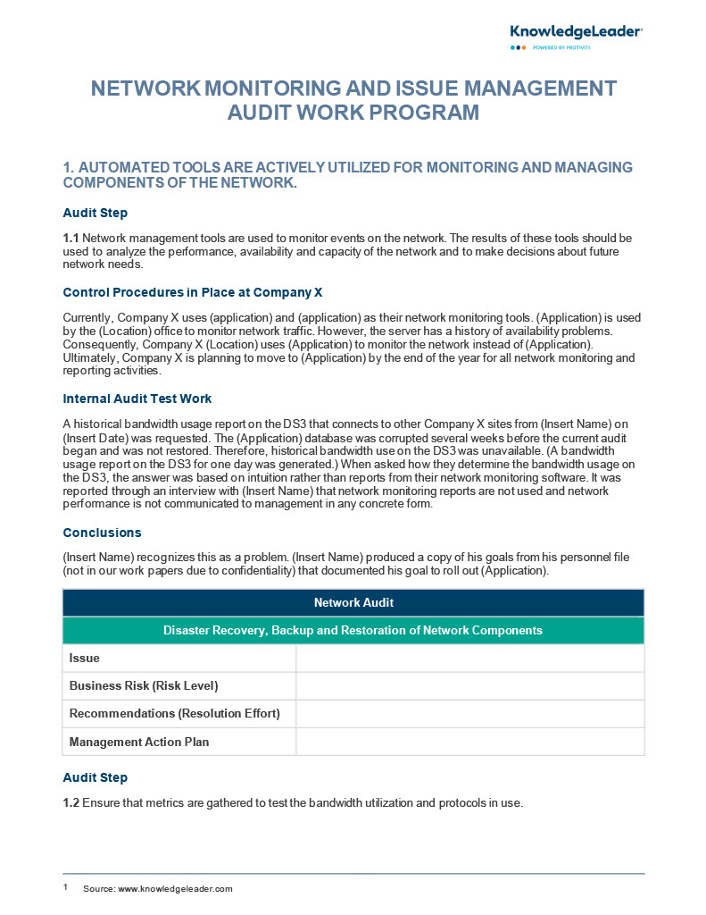 screenshot of the first page of Network Monitoring and Issue Management Audit Work Program