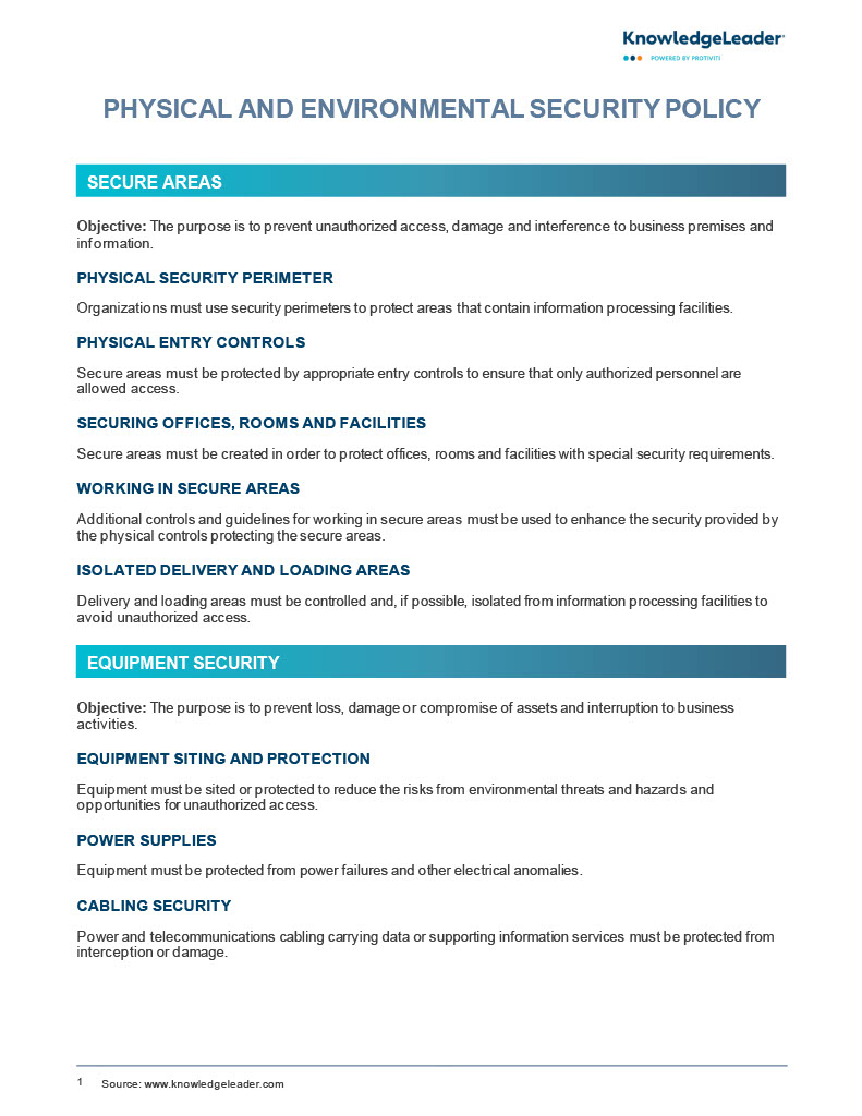 screenshot of the first page of Physical and Environmental Security Policy