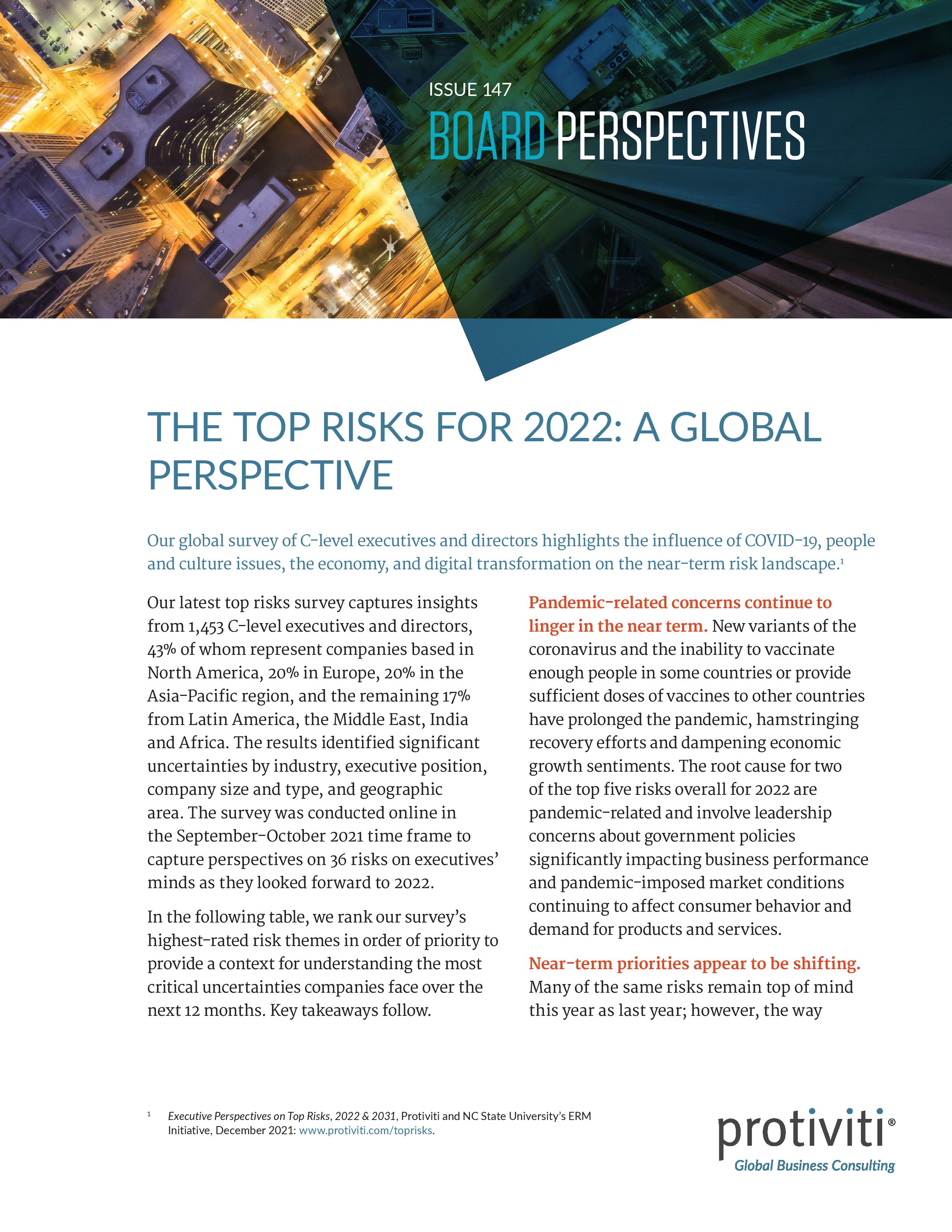 screenshot of the first page of The Top Risks for 2022 A Global Perspective