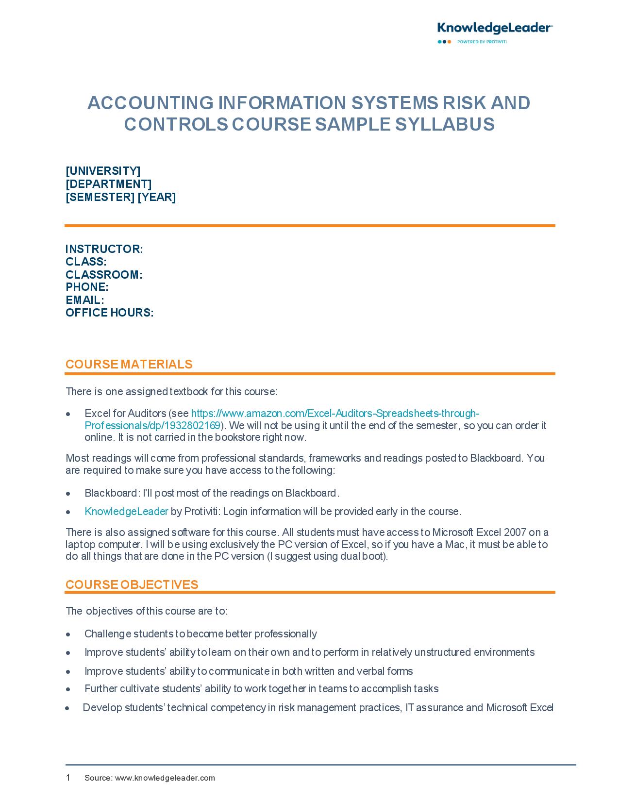 Screenshot of first page of Accounting Information Systems Risk and Controls Course Sample Syllabus