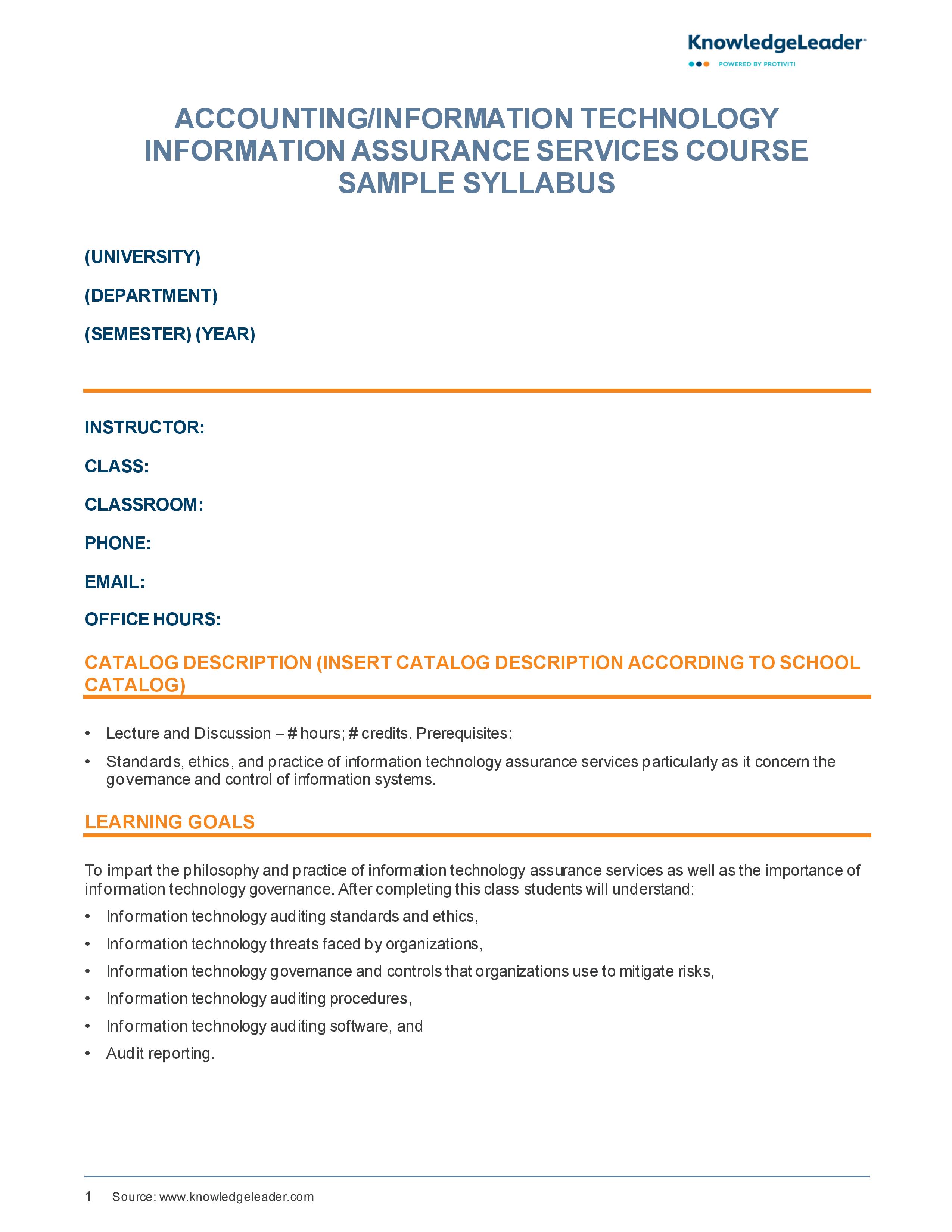 Screenshot of the first page of Accounting Information Technology Information Assurance Services Sample Syllabus