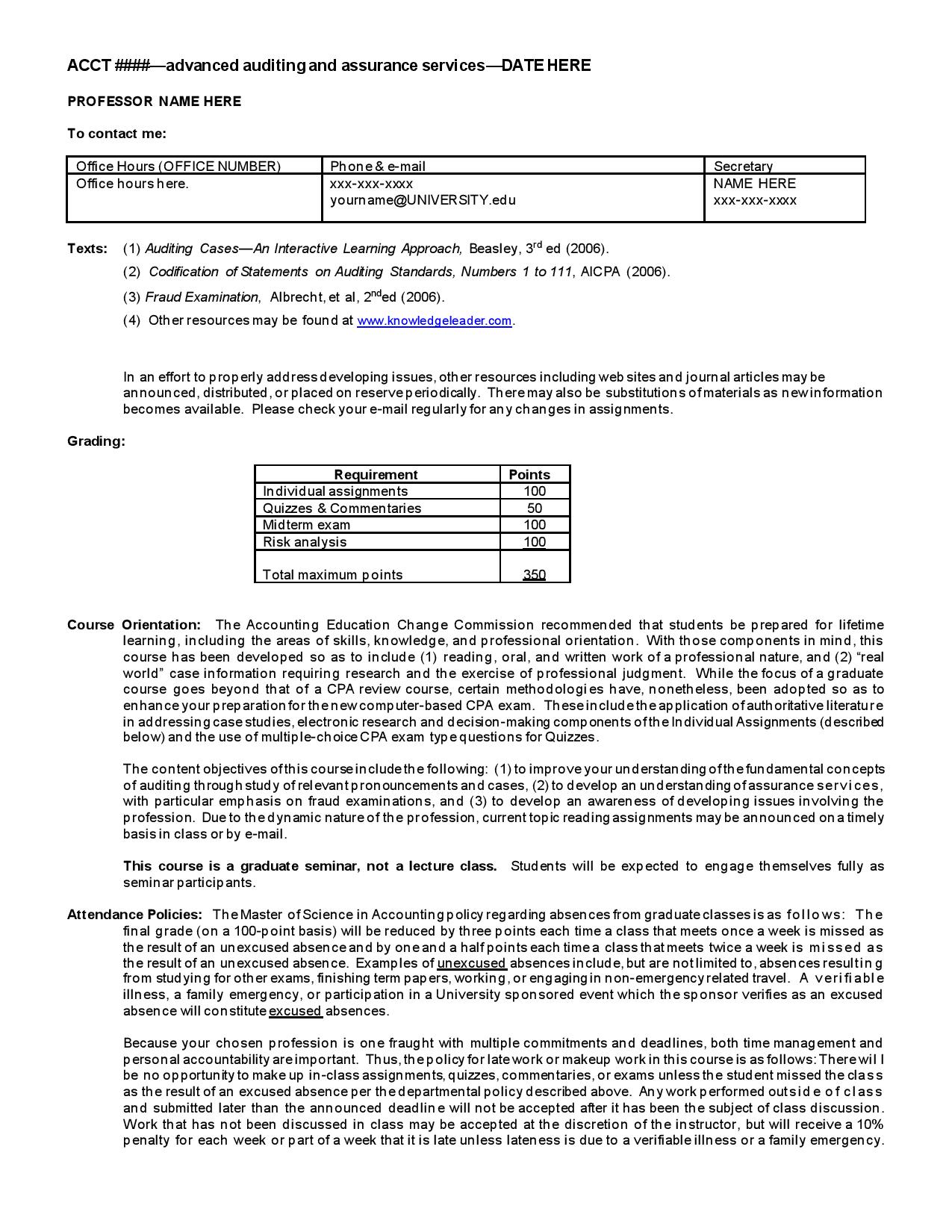 Screenshot of first page of Advanced Auditing and Assurance Services Course Sample Syllabus