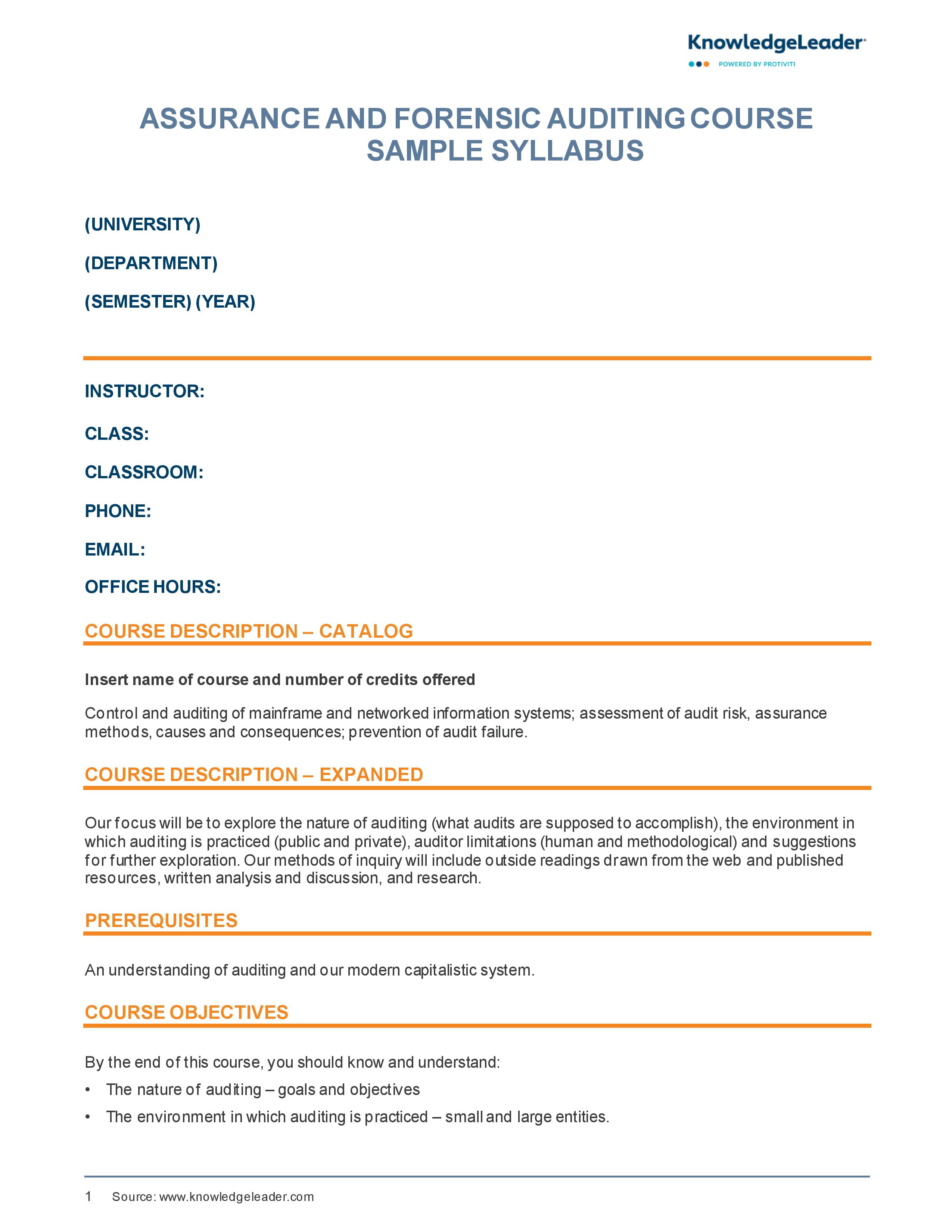 Screenshot of the first page of Assurance and Forensic Auditing Sample Syllabus