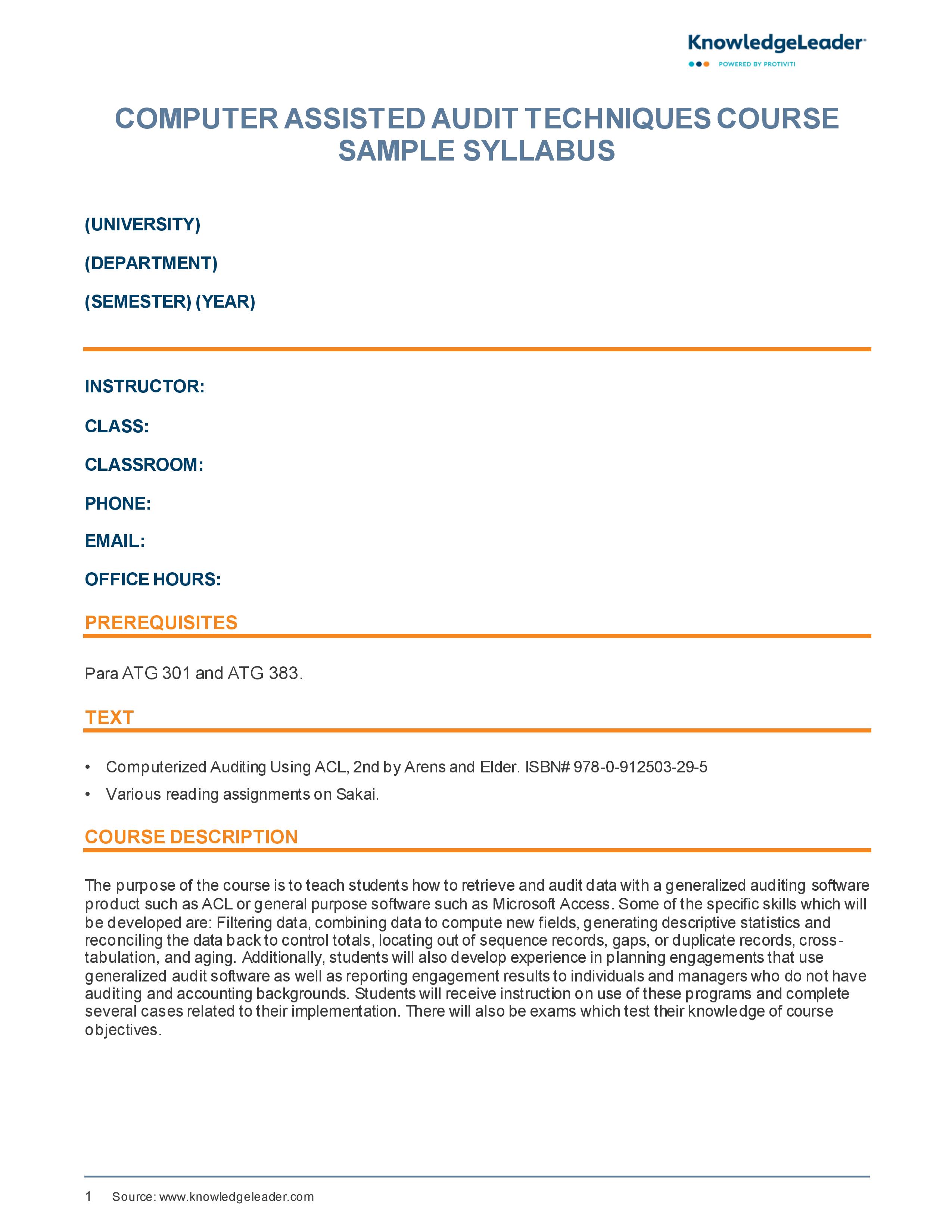 Screenshot of the first page of Computer Assisted Audit Techniques Sample Syllabus