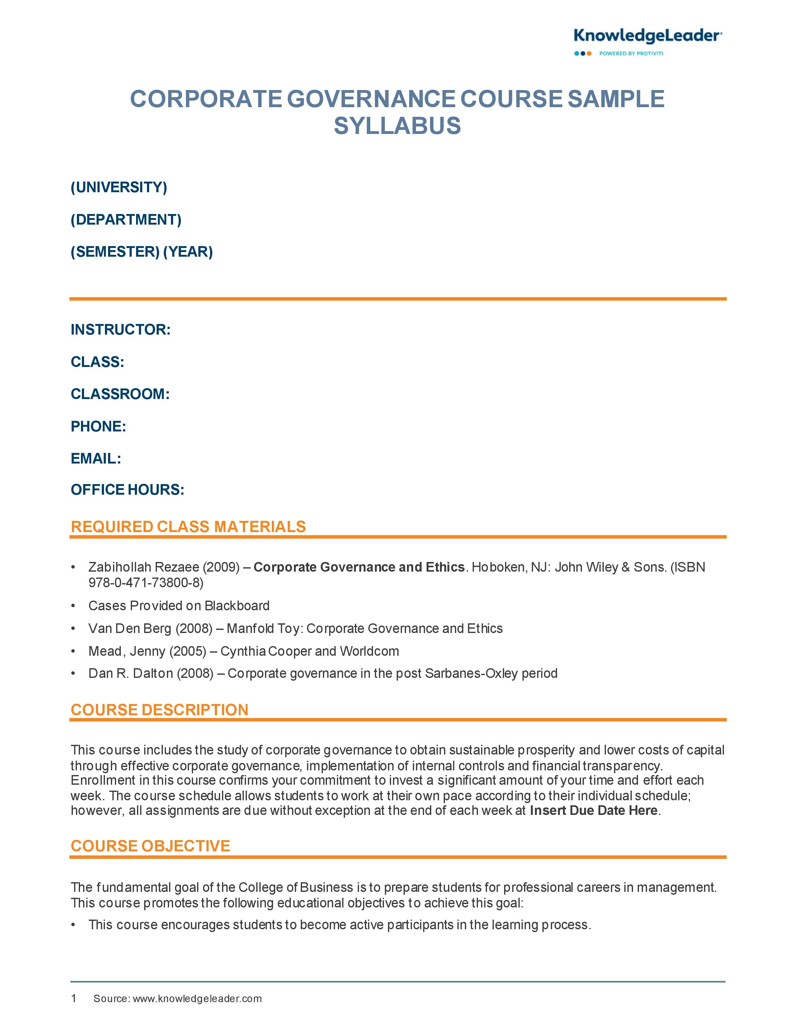 Screenshot of the first page of Corporate Governance Sample Syllabus