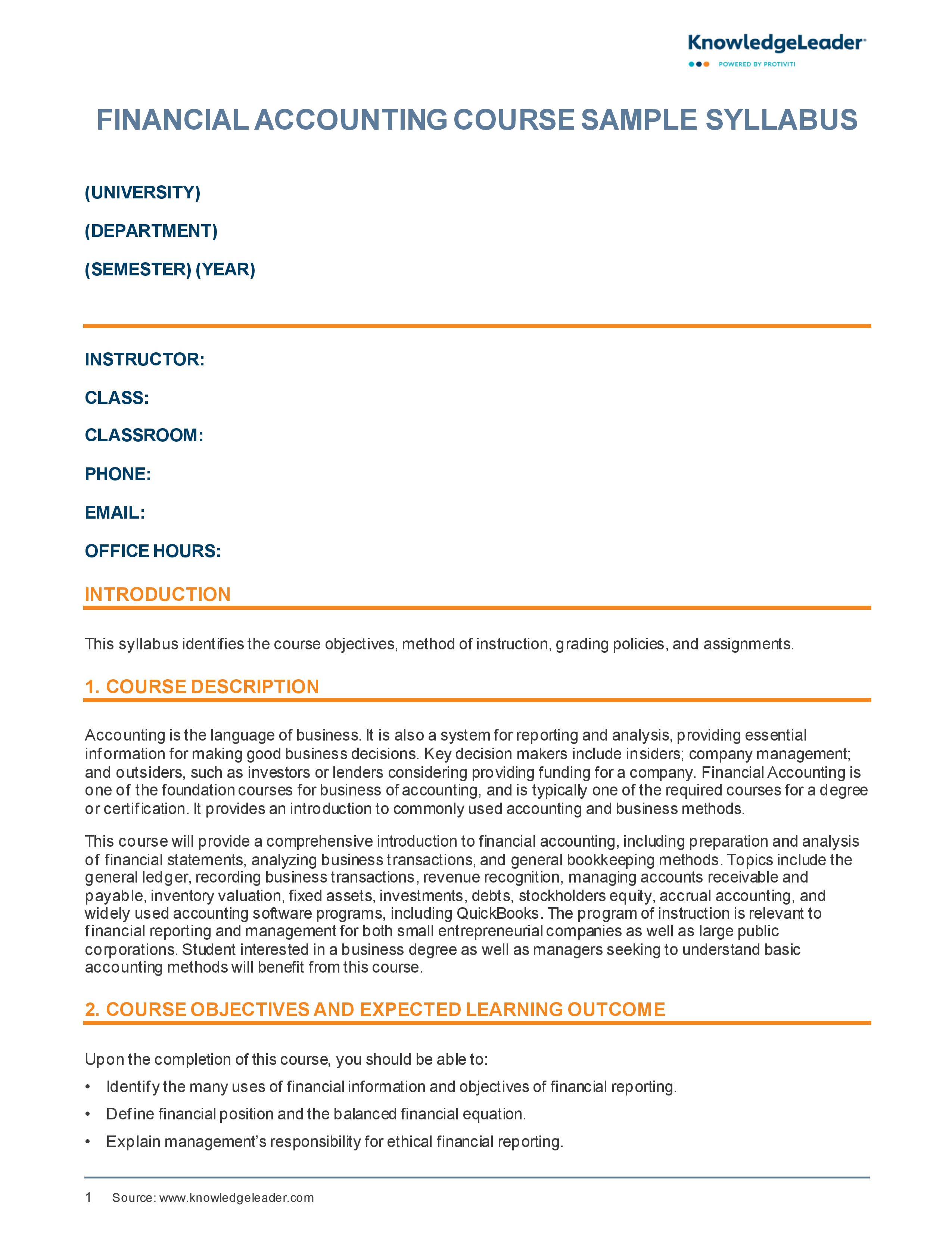 Screenshot of the first page of Financial Accounting Sample Syllabus