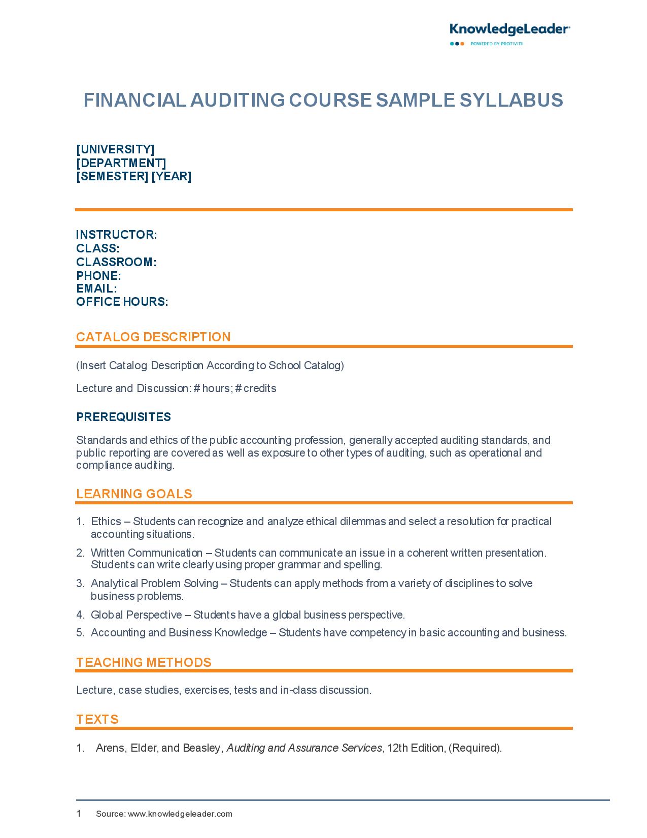 Screenshot of the first page of Financial Auditing Course Sample Syllabus