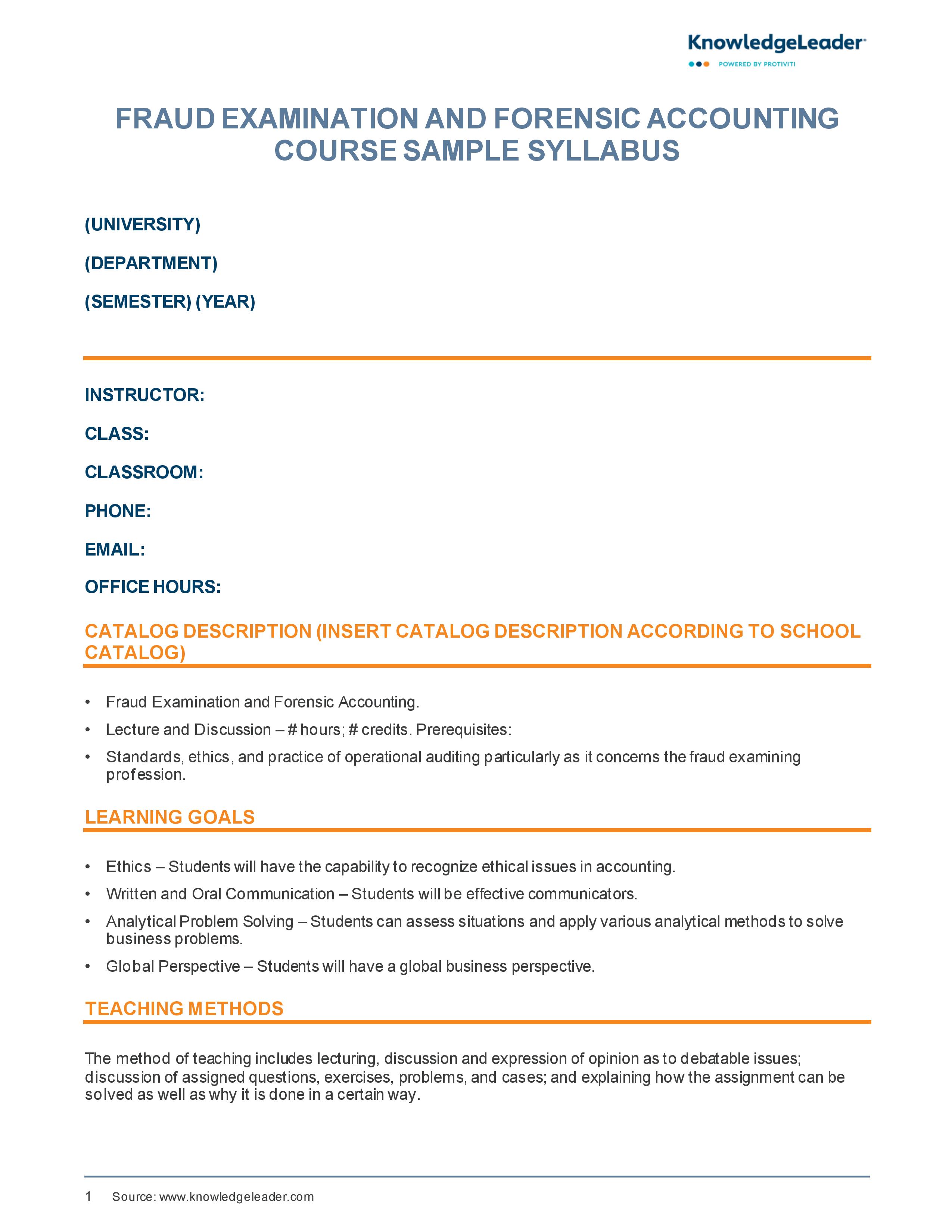 Screenshot of the first page of Fraud Examination and Forensic Accounting Sample Syllabus