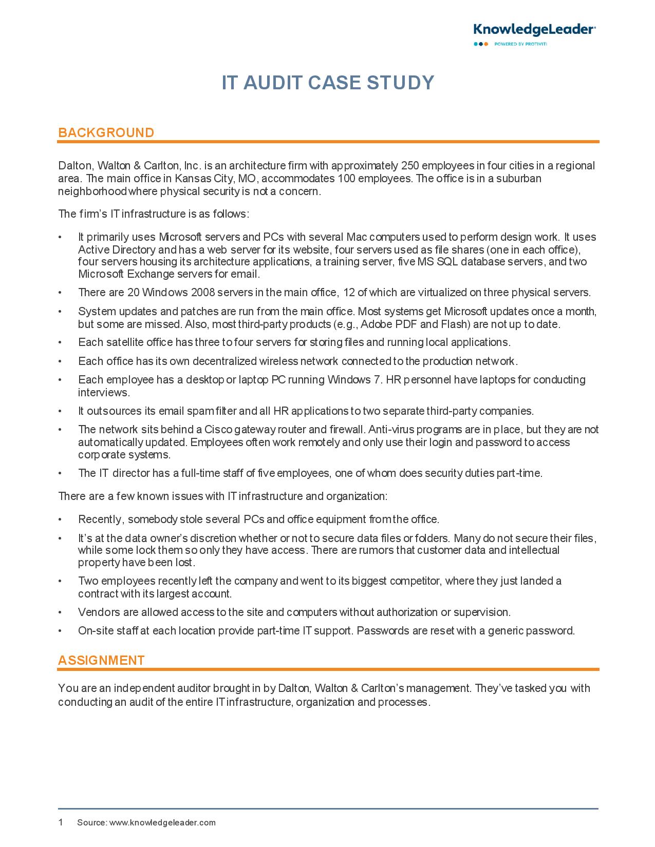 Sreenshot of the first page of IT Audit Case Study