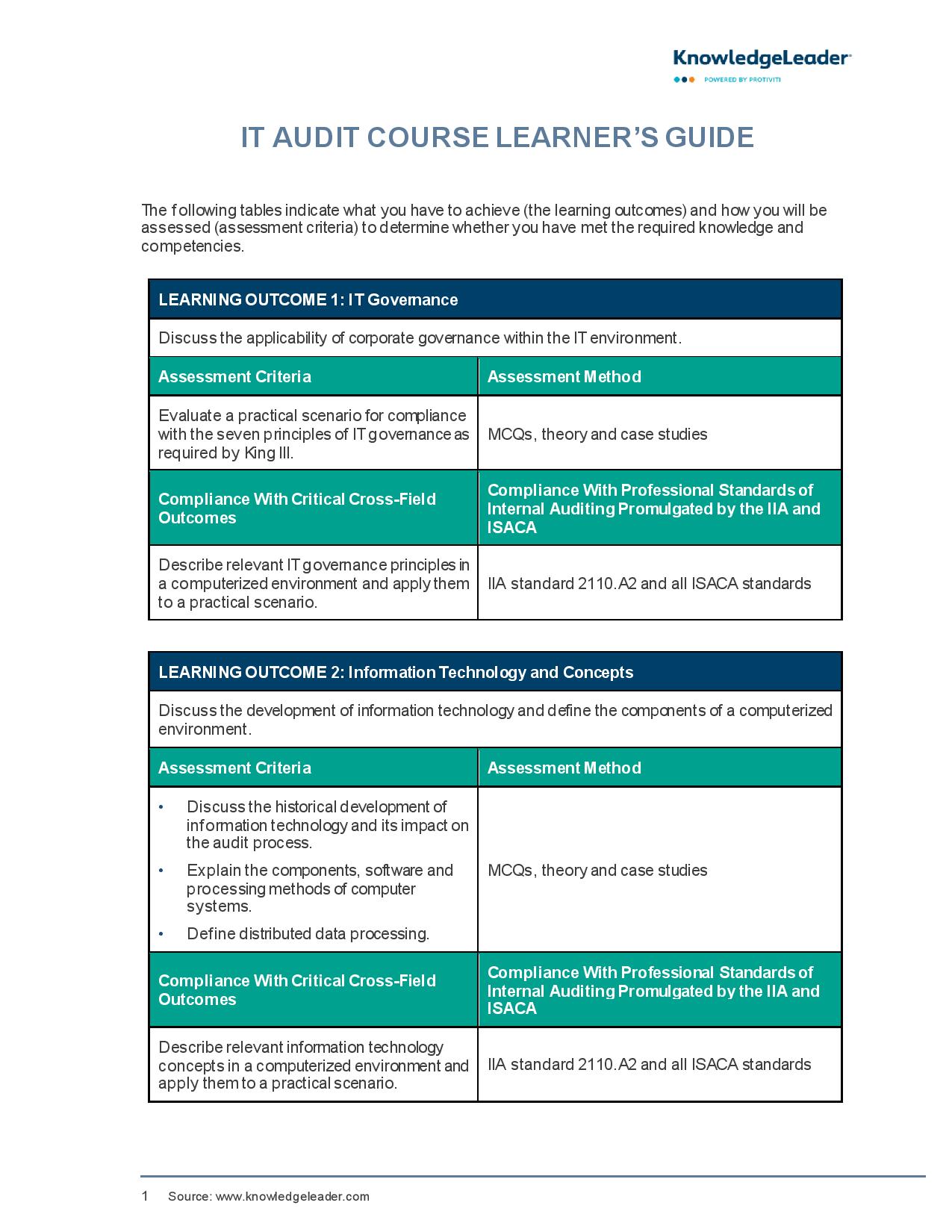 Screenshot of the first page of IT Audit Course Learner's Guide