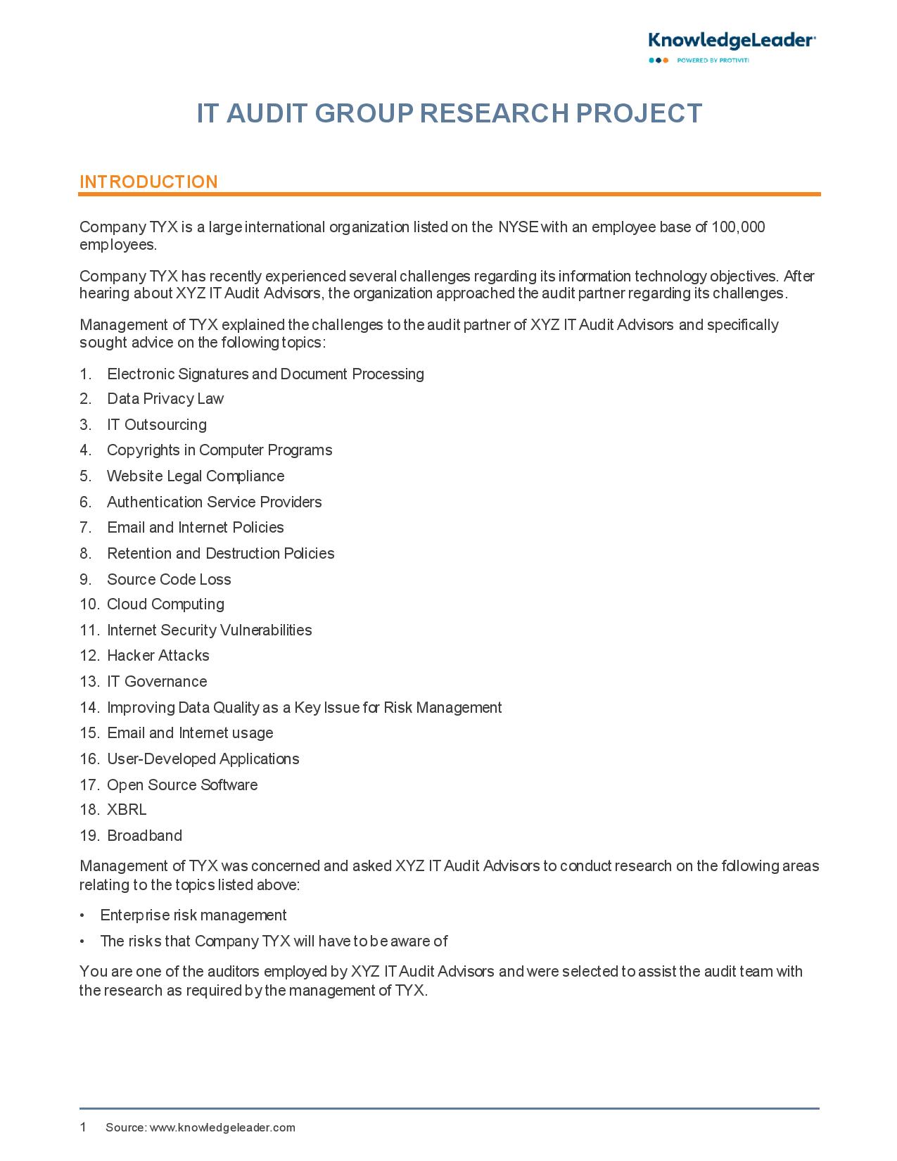 Screenshot of the first page of IT Audit Group Research Project