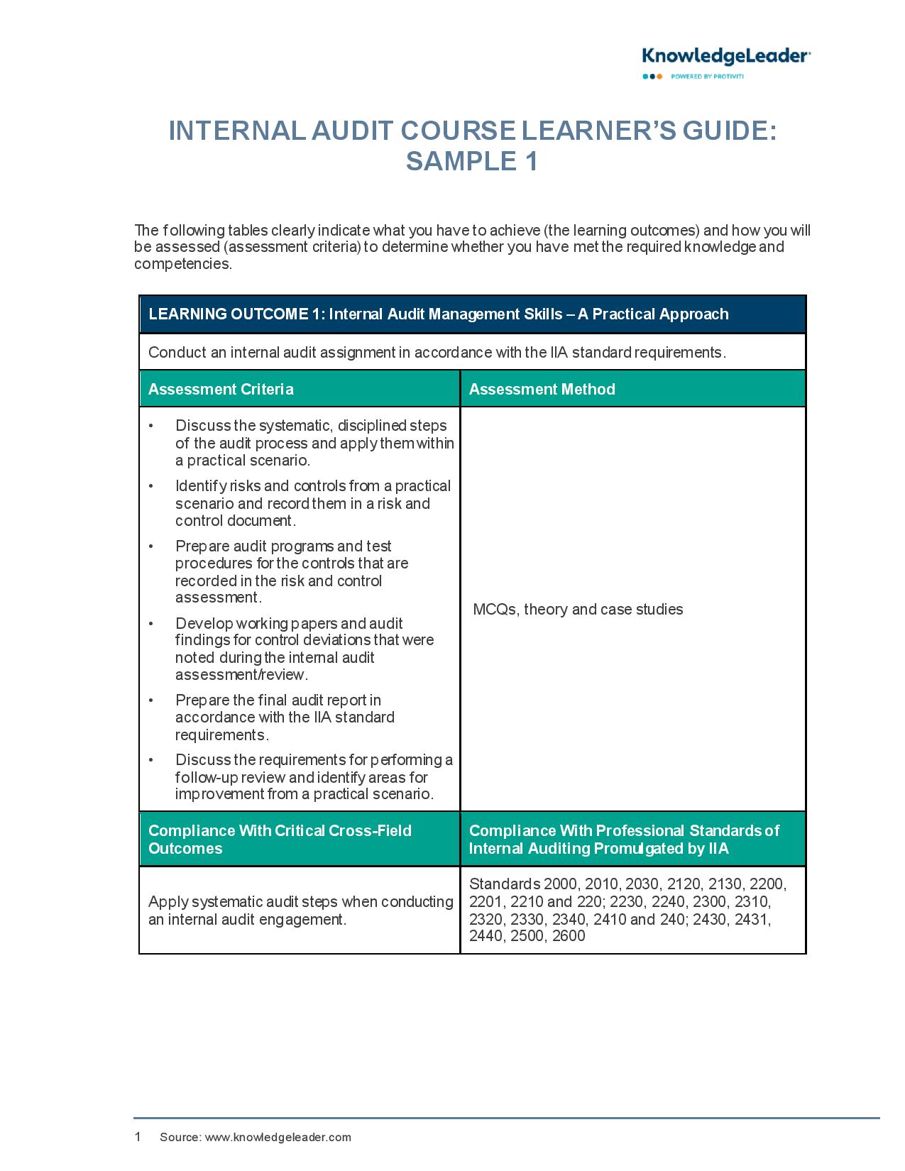 Screenshot of first page of Internal Audit Course Learner s Guide Samples 1 and 2